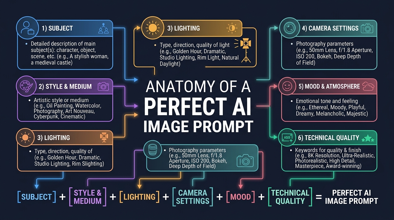 Anatomy of a Perfect AI Image Prompt - Infographic showing all 6 key sections