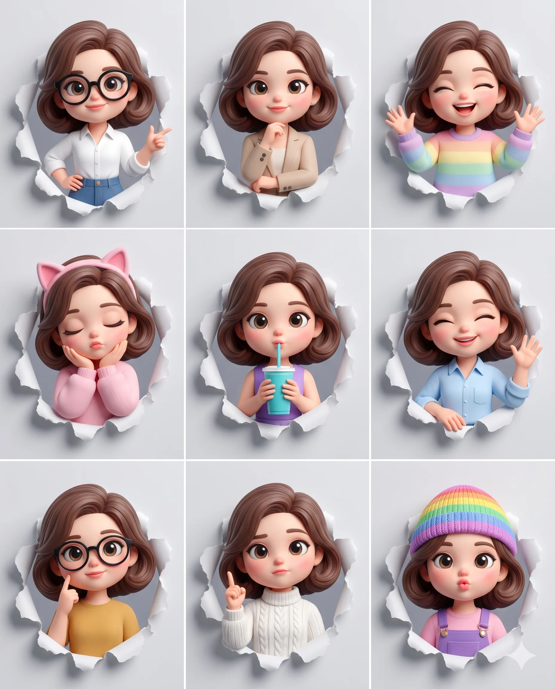 3d Girl Avatar Sticker Sheet Grid Portrait