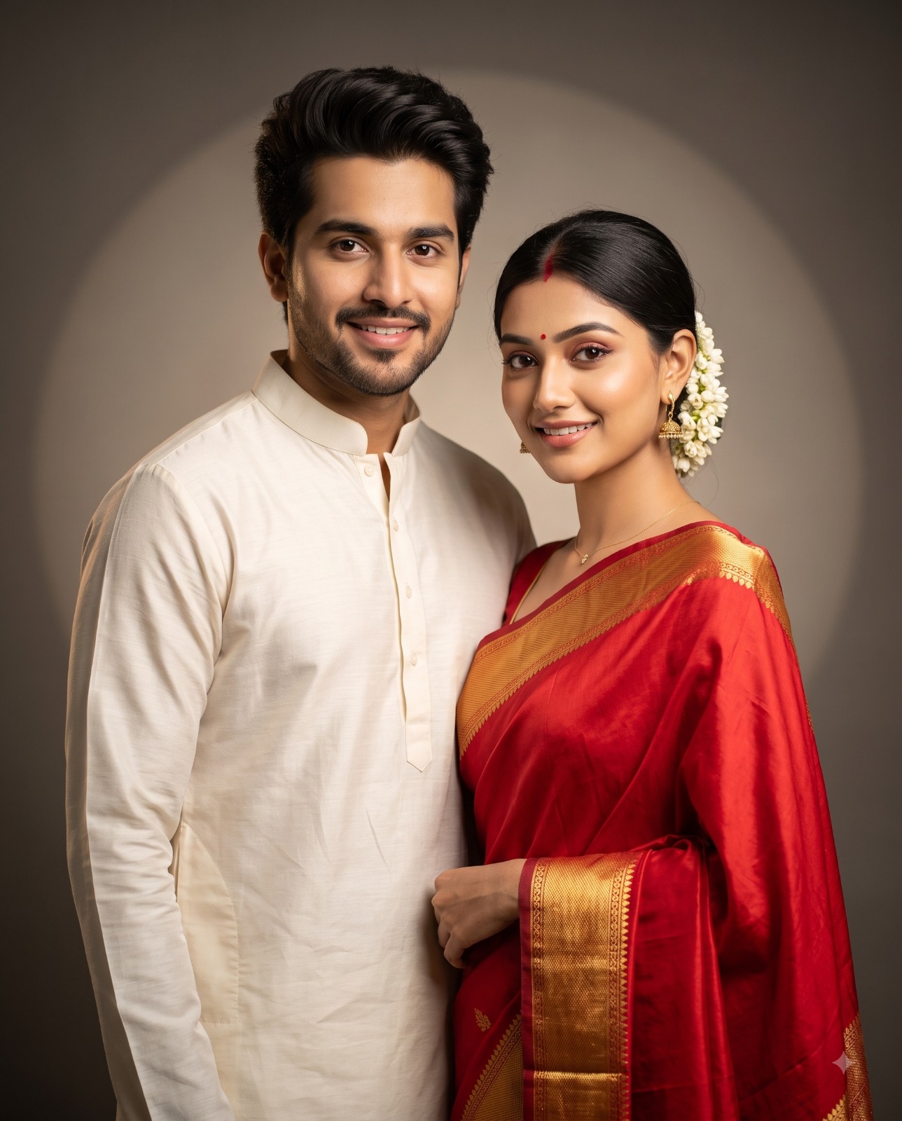 Crimson Saree and Cream Kurta Newlywed Portrait