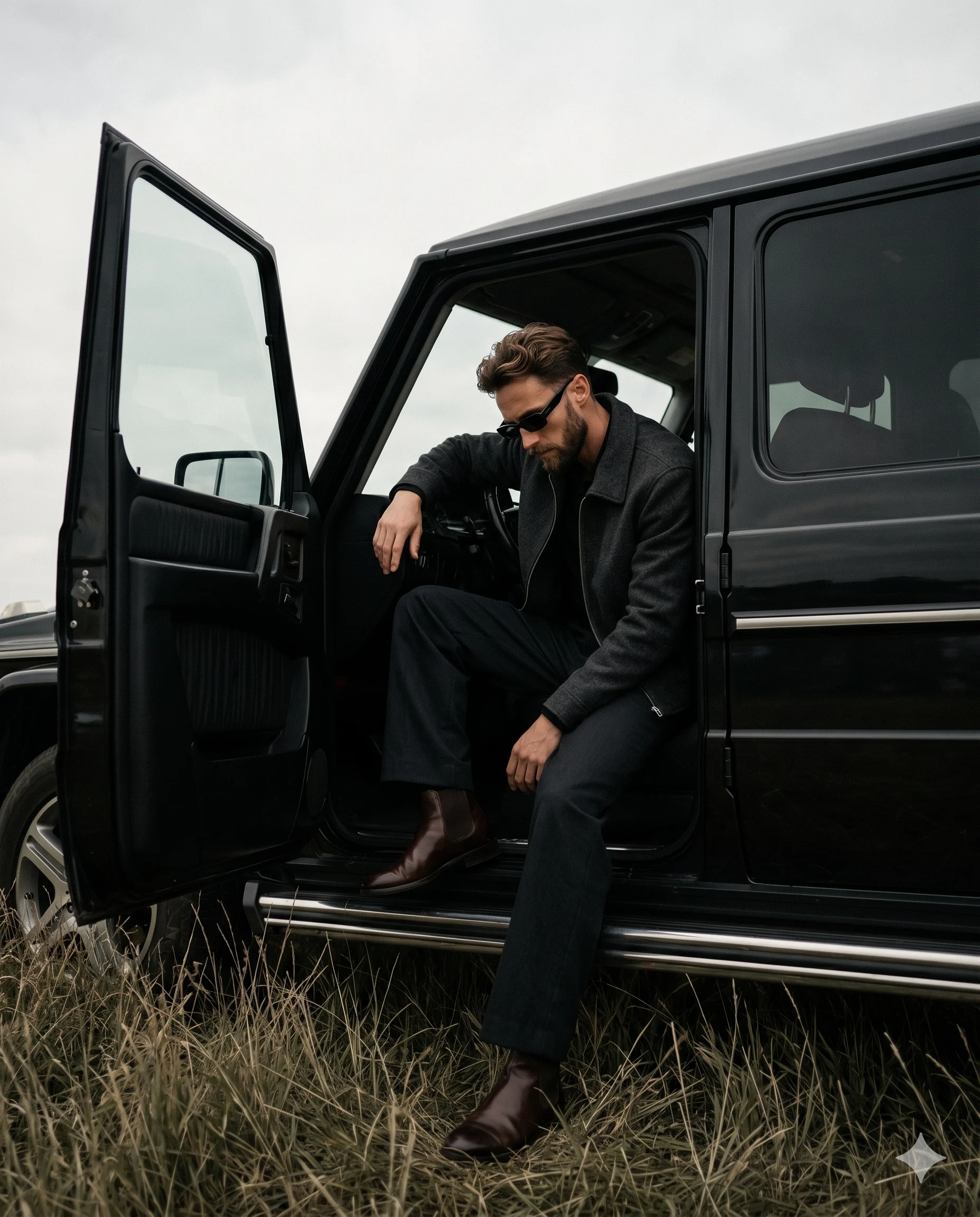 Off Grid Elegance Man with Black SUV Portrait