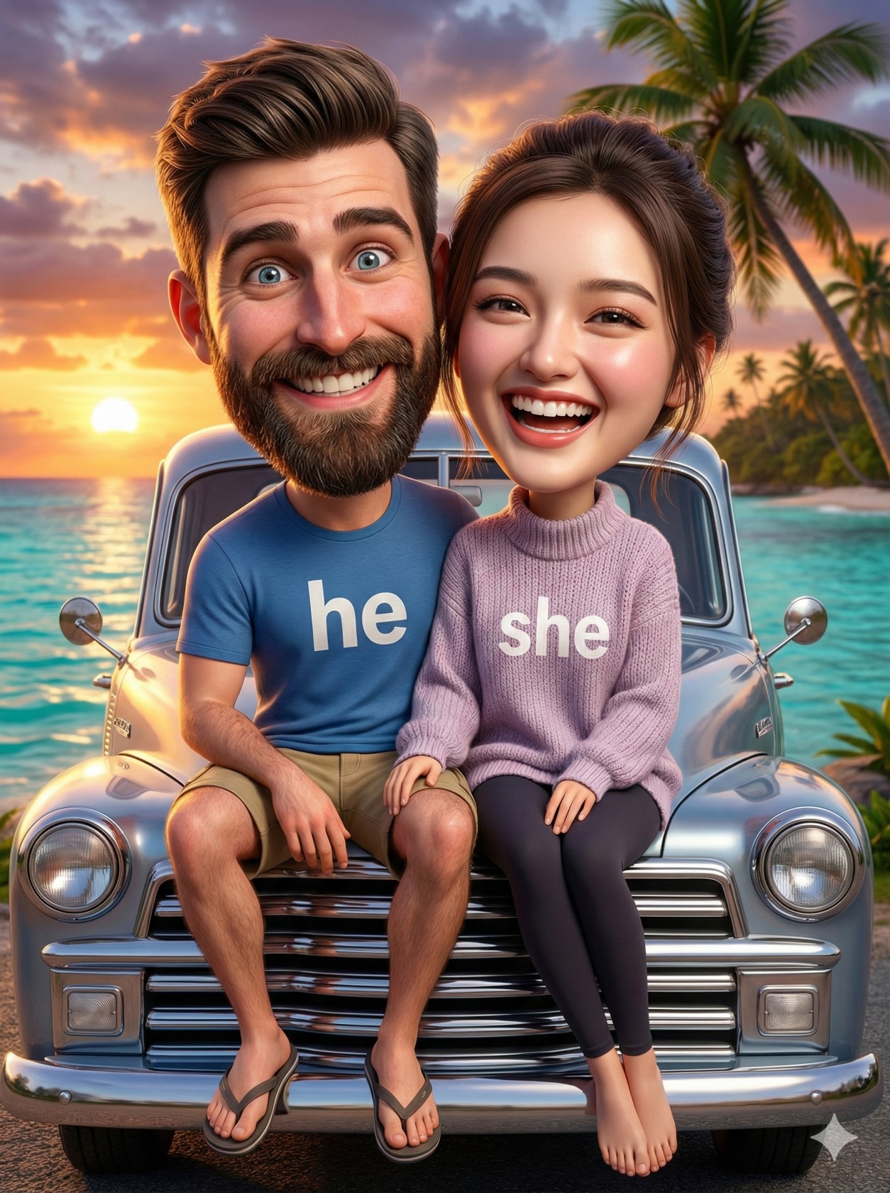 3D Caricature Couple on Vintage Truck Beach Sunset
