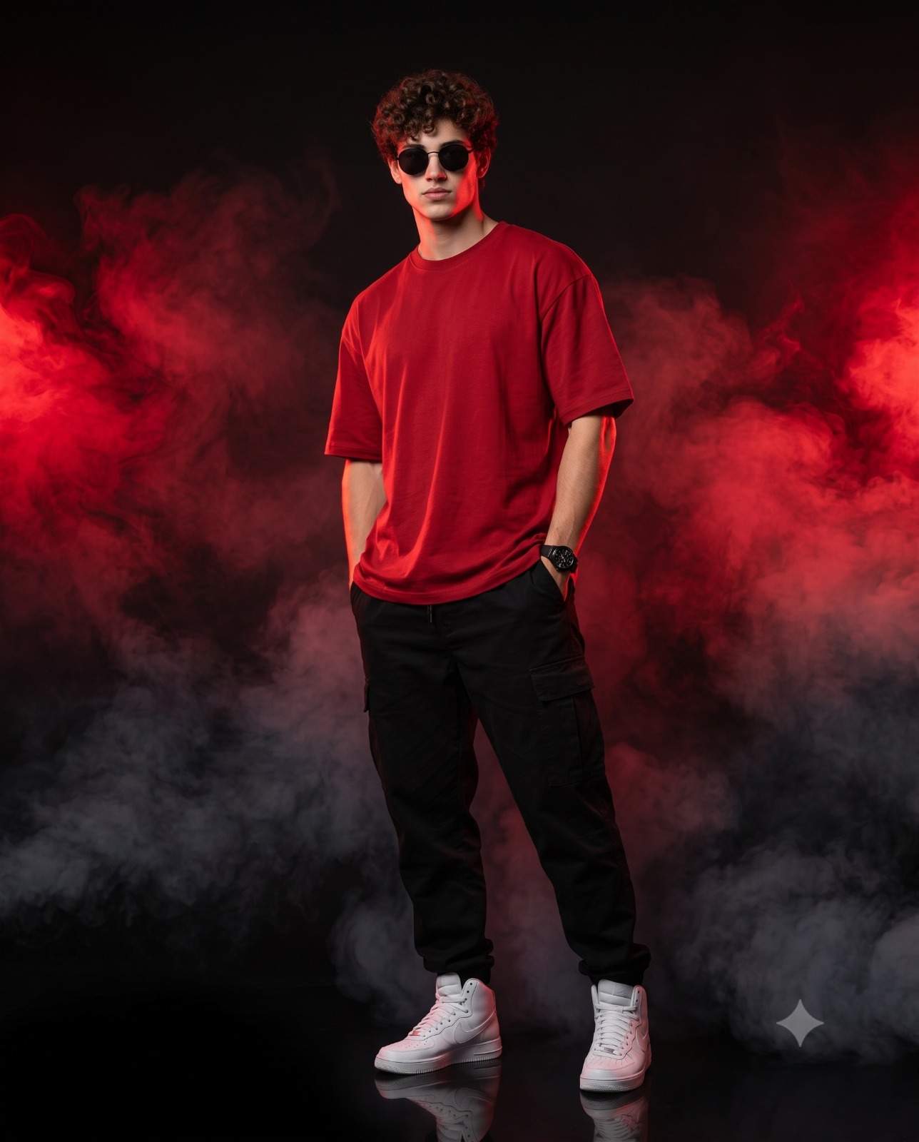 Red Tshirt Sunglasses Smoke Studio Fashion Portrait