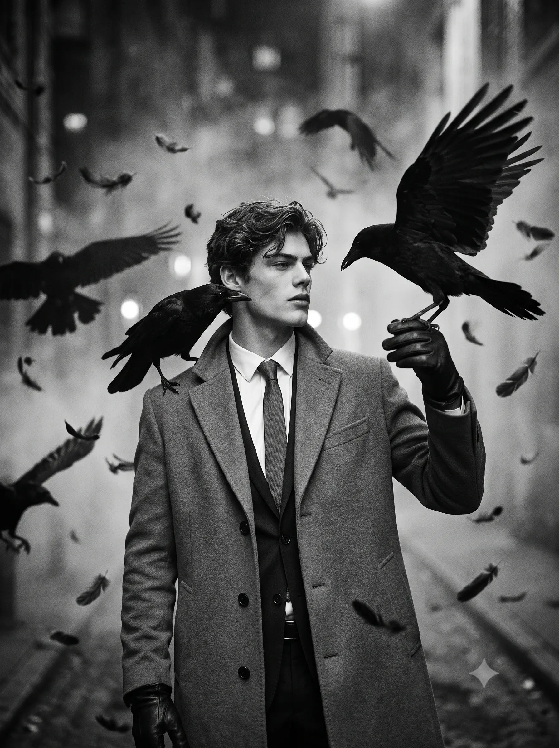 B&w Noir Portrait with Swirling Crows Portrait