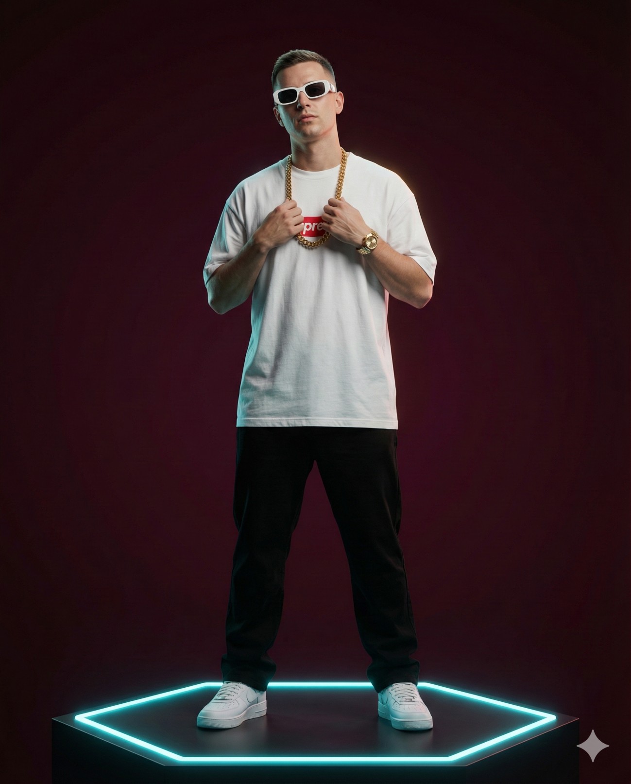 Center Stage Dual Color Red Blue Fashion Portrait