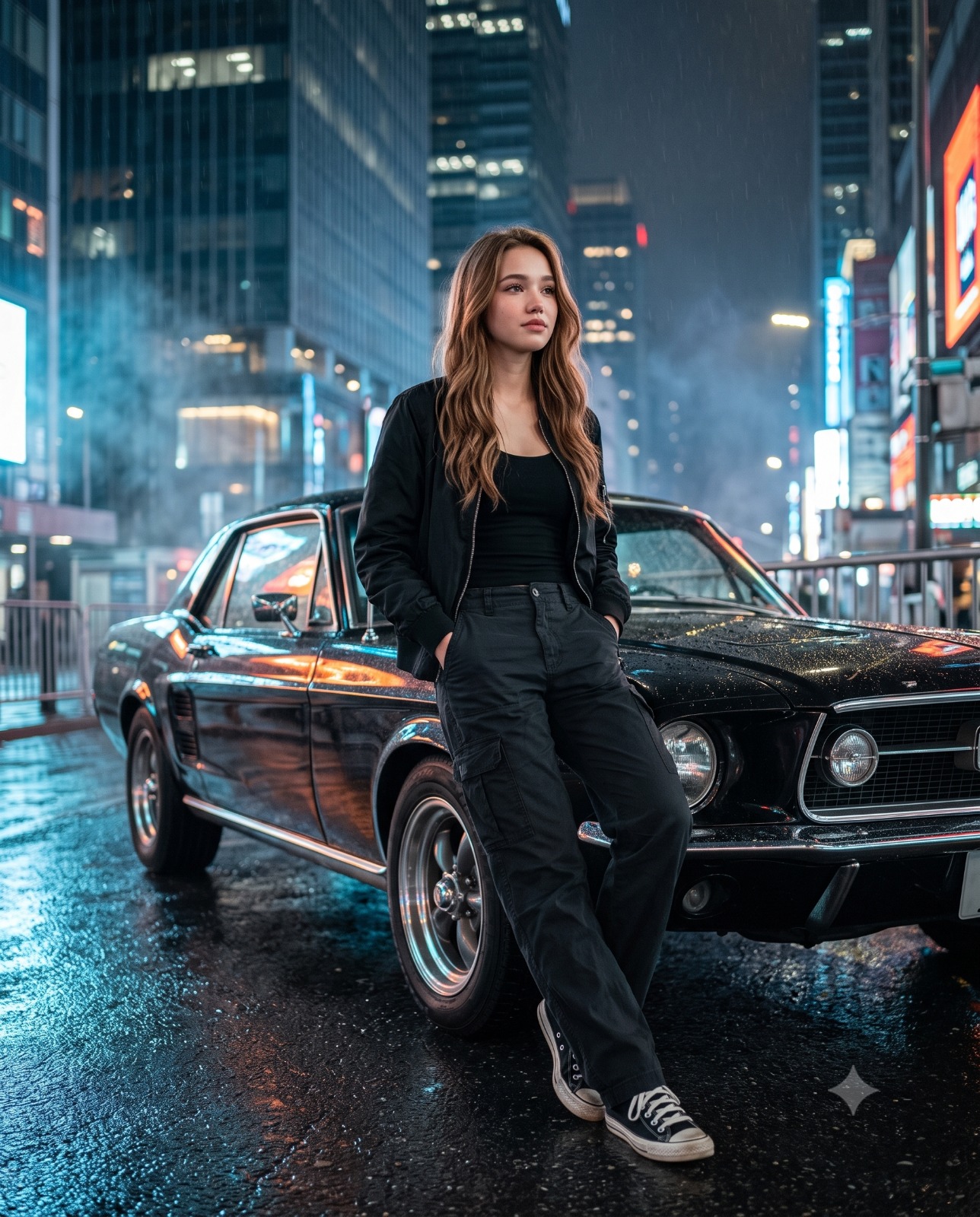 Cinematic Night Street Portrait with Classic Car Portrait