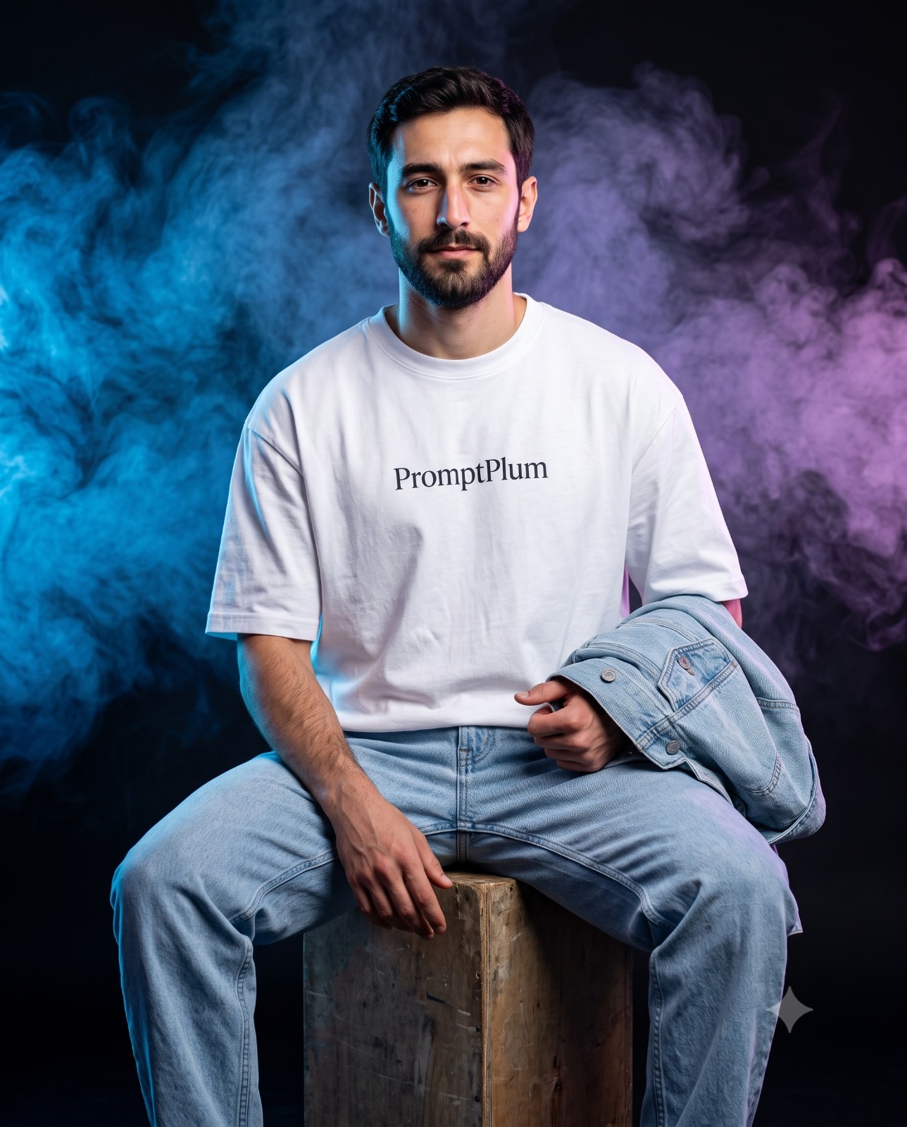 Casual Denim Fashion Portrait with Colorful Smoke Portrait