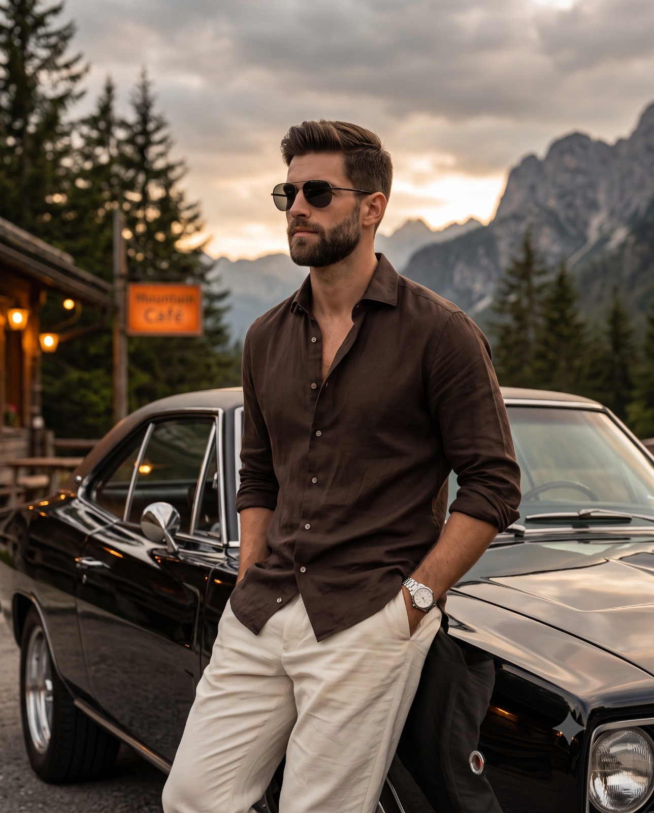 Classic Car Mountain Dusk Lifestyle Cinematic Portrait