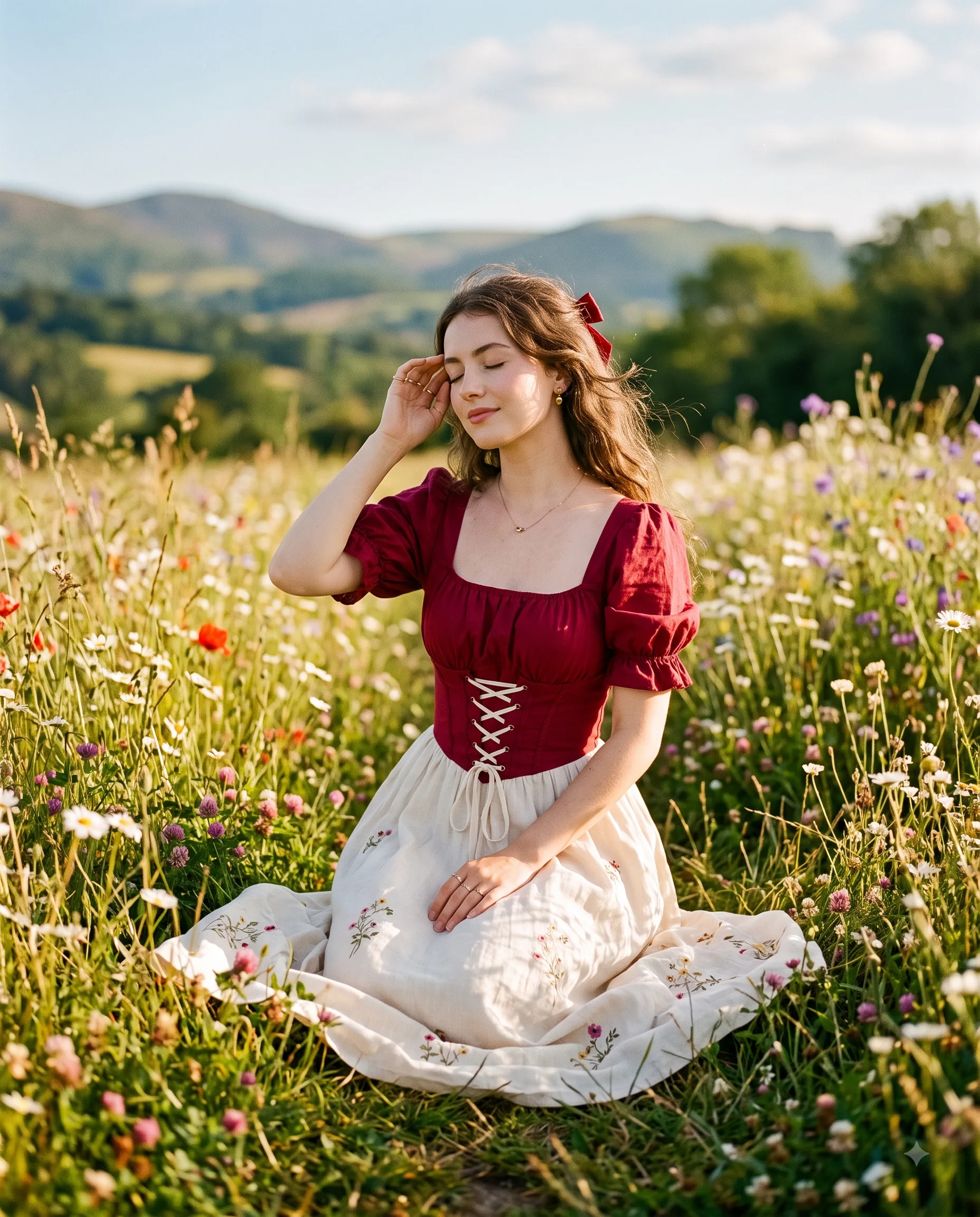 Cottagecore Girl in Sunlit Wildflower Field Portrait