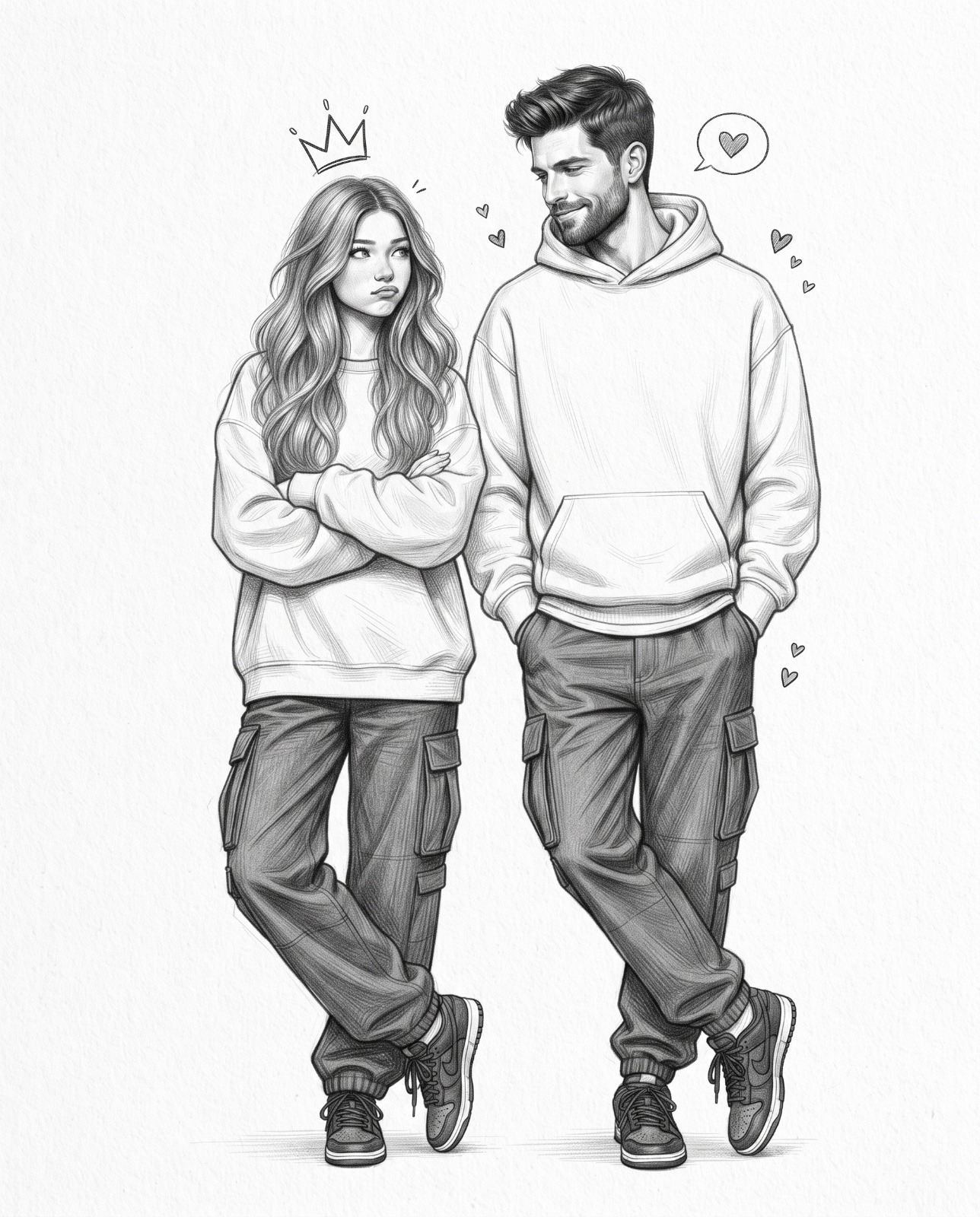 Matching Hoodie Couple Black and White Pencil Sketch