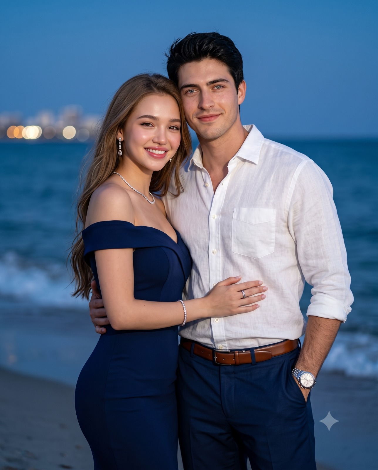 Twilight Seaside Romantic Couple Beach Beauty Portrait