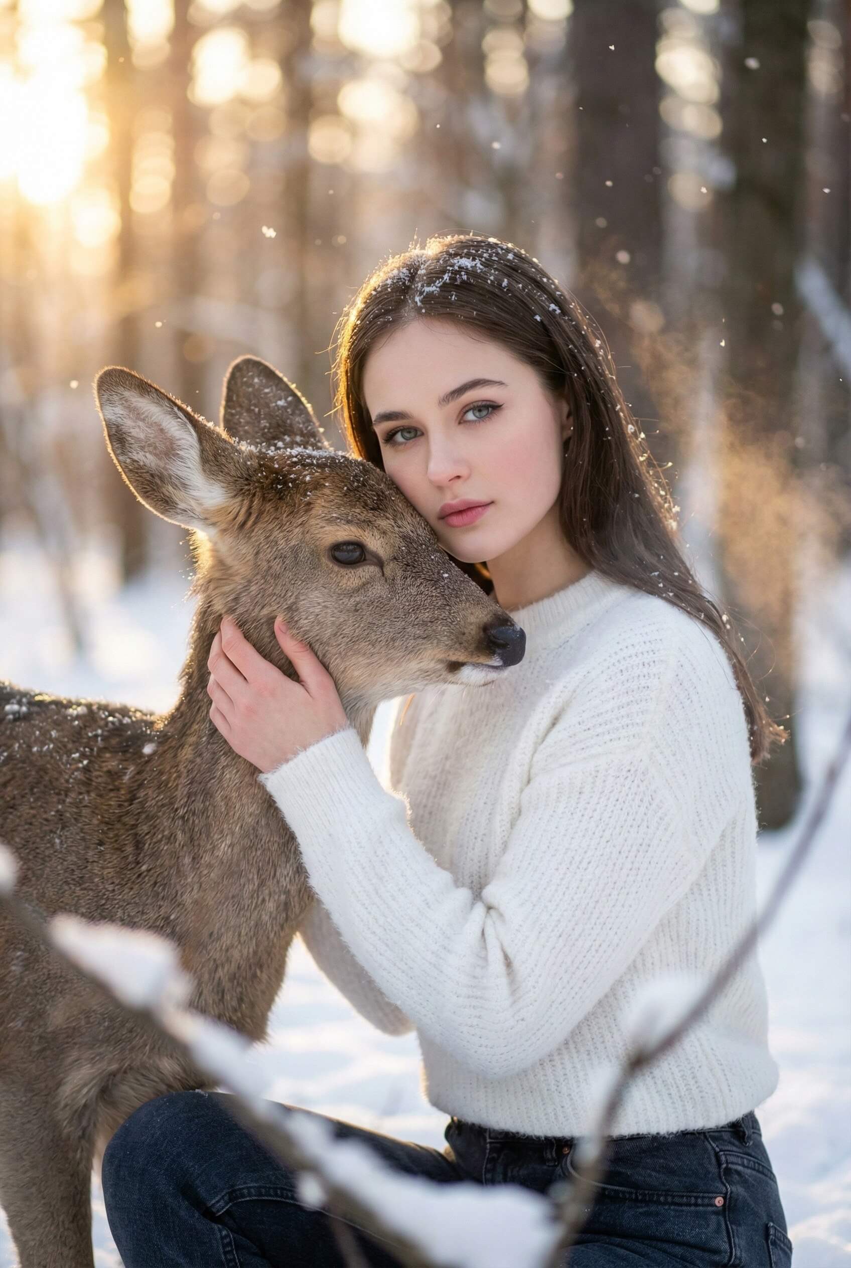 Girl and Fawn in the Snow Portrait