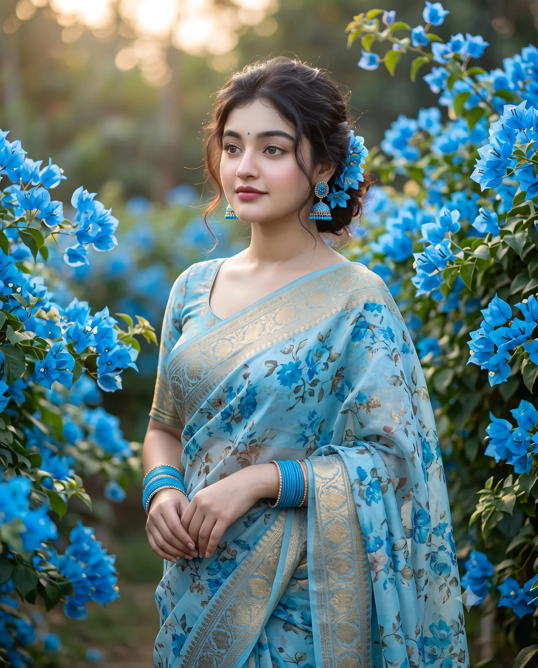Soft Blue Floral Saree Outdoor Aesthetic Portrait