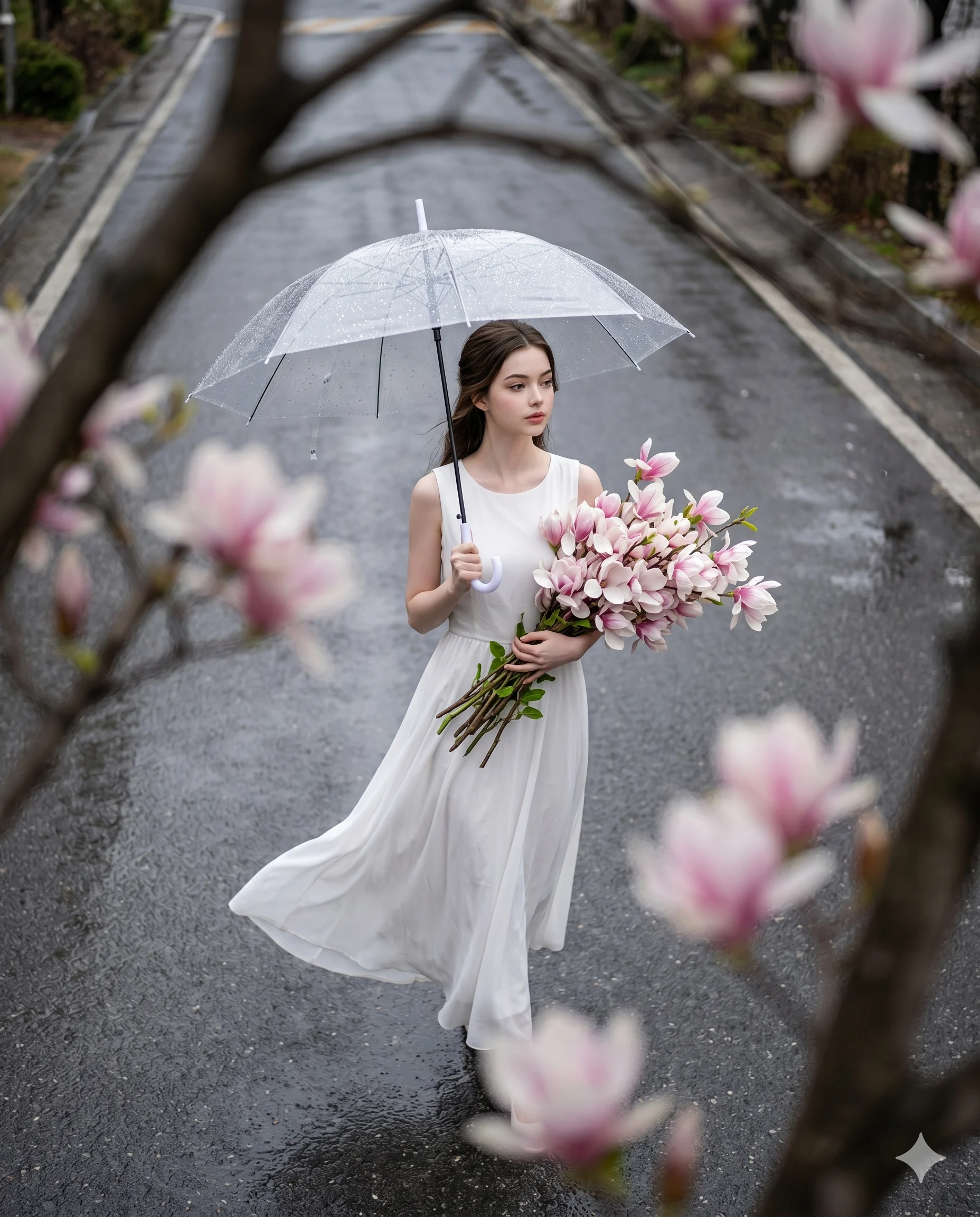 Rainy Day Girl with Flowers Spring Solitude Portrait