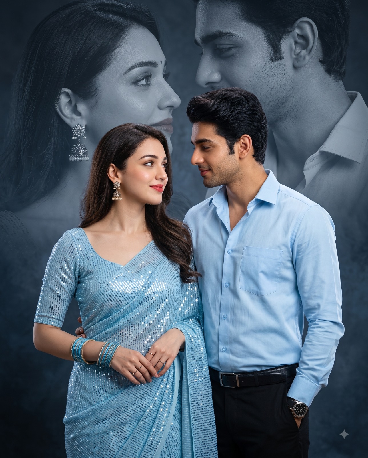 Blue Outfit Cinematic Double Exposure Couple Portrait