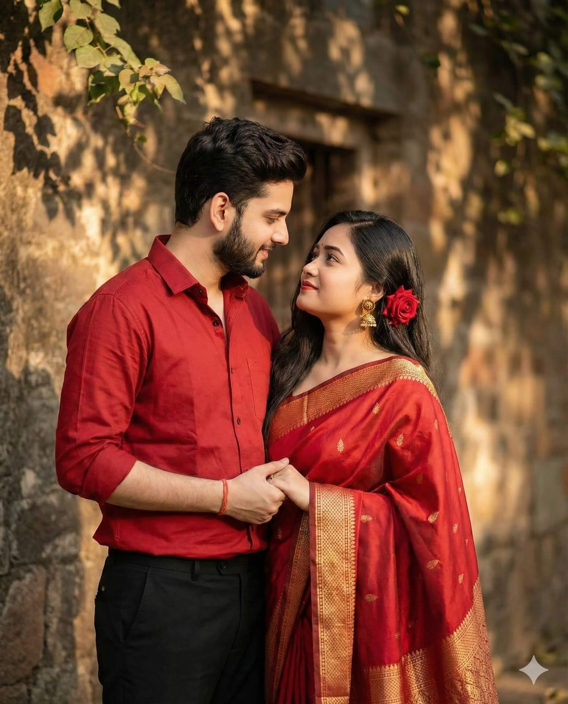 Romantic Indian Couple in Deep Red Saree