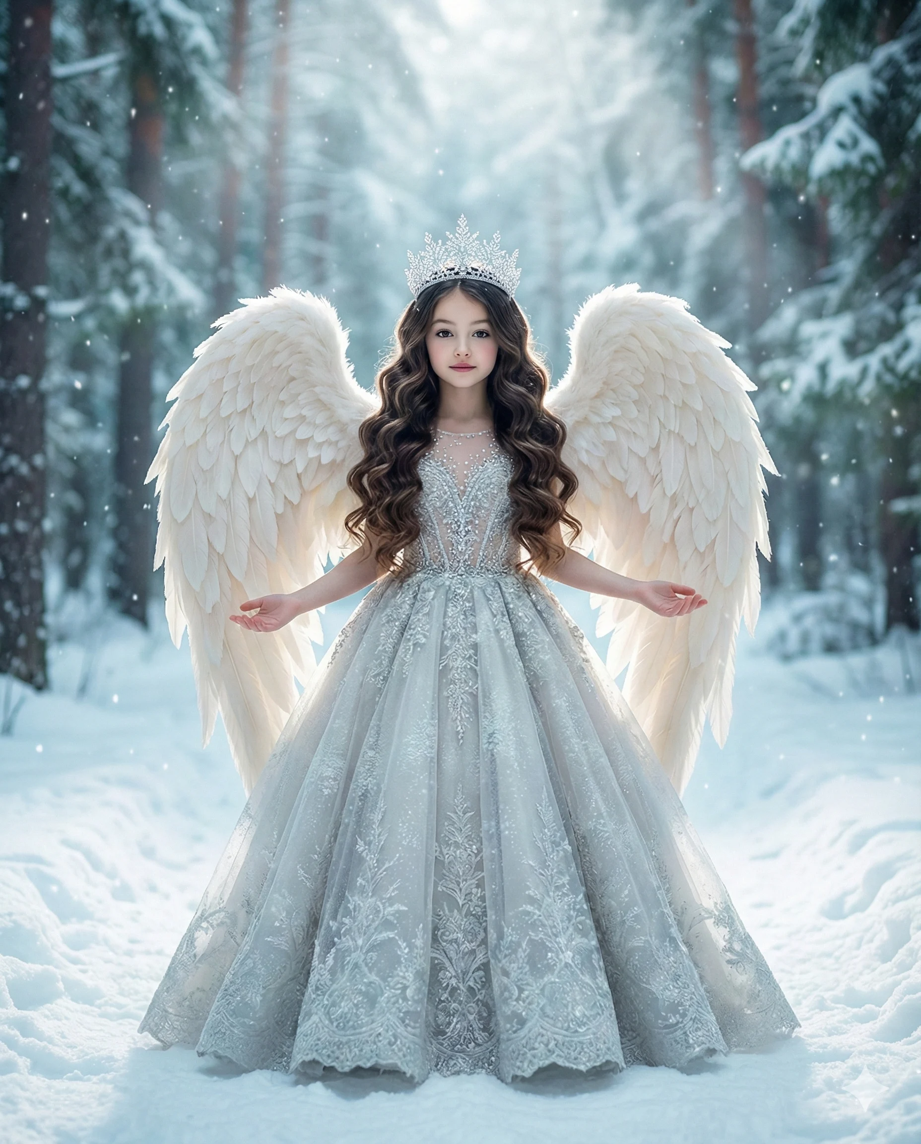 Little Girl Angel Wings Snowy Forest Fairy Portrait