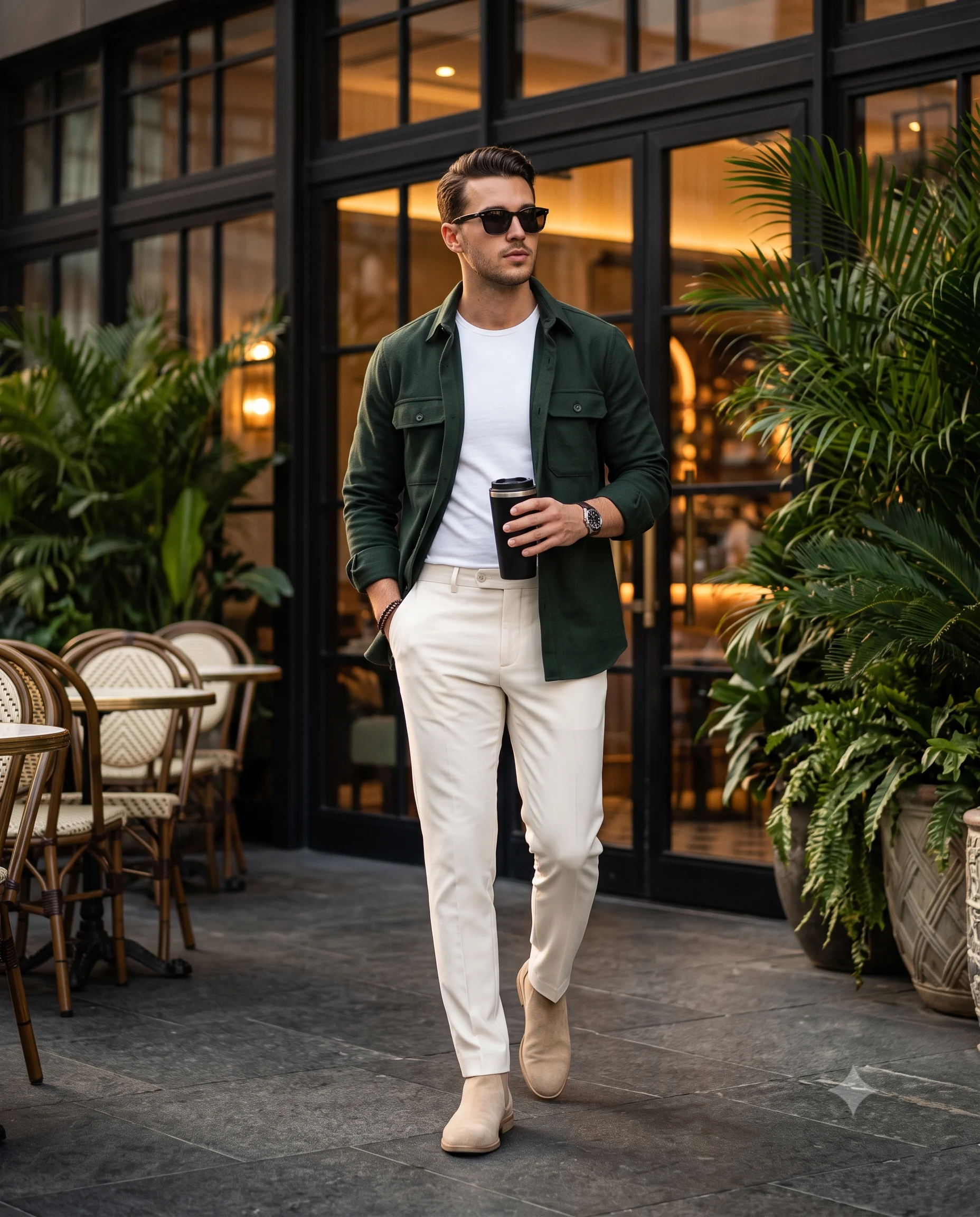 Man in Green Shacket Outside Cafe Portrait