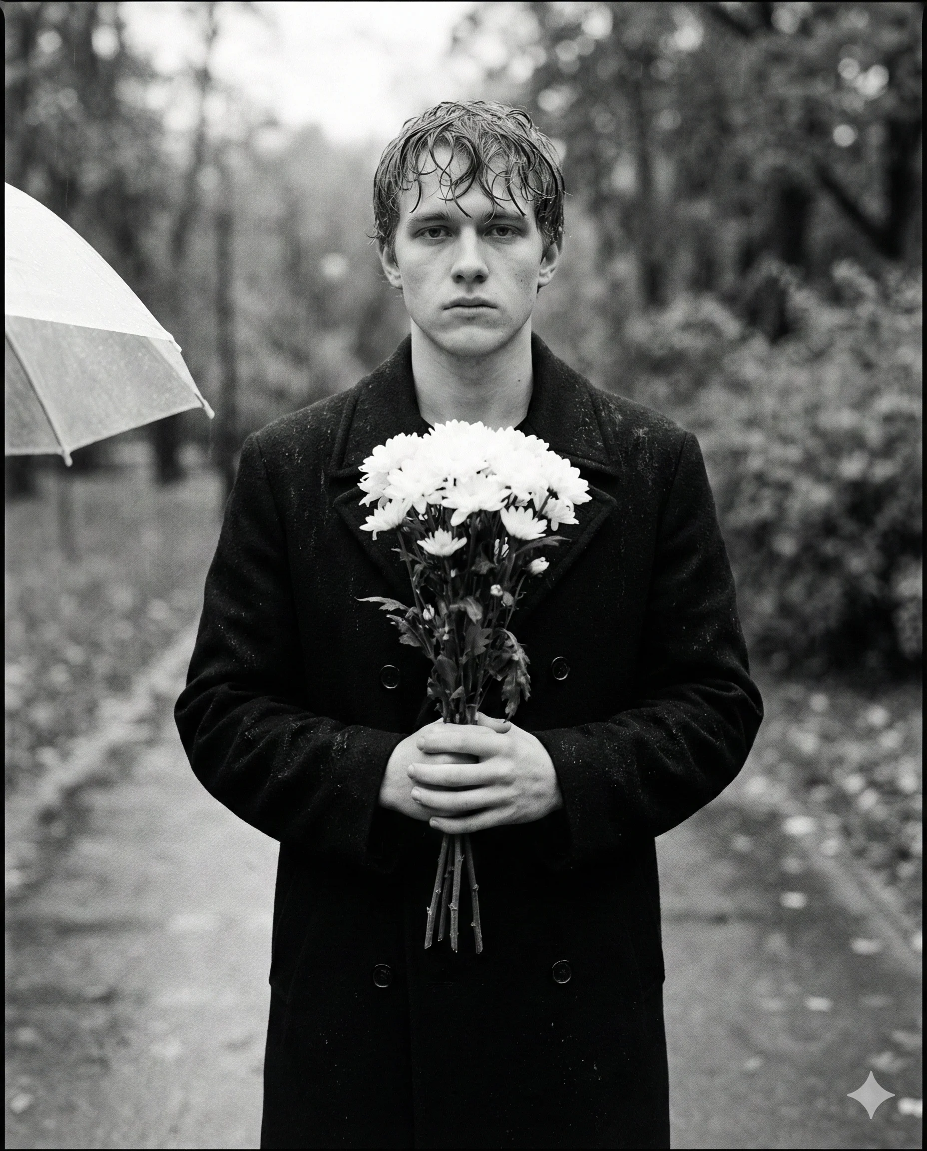 Black and White Rain Portrait: Man with White Flowers