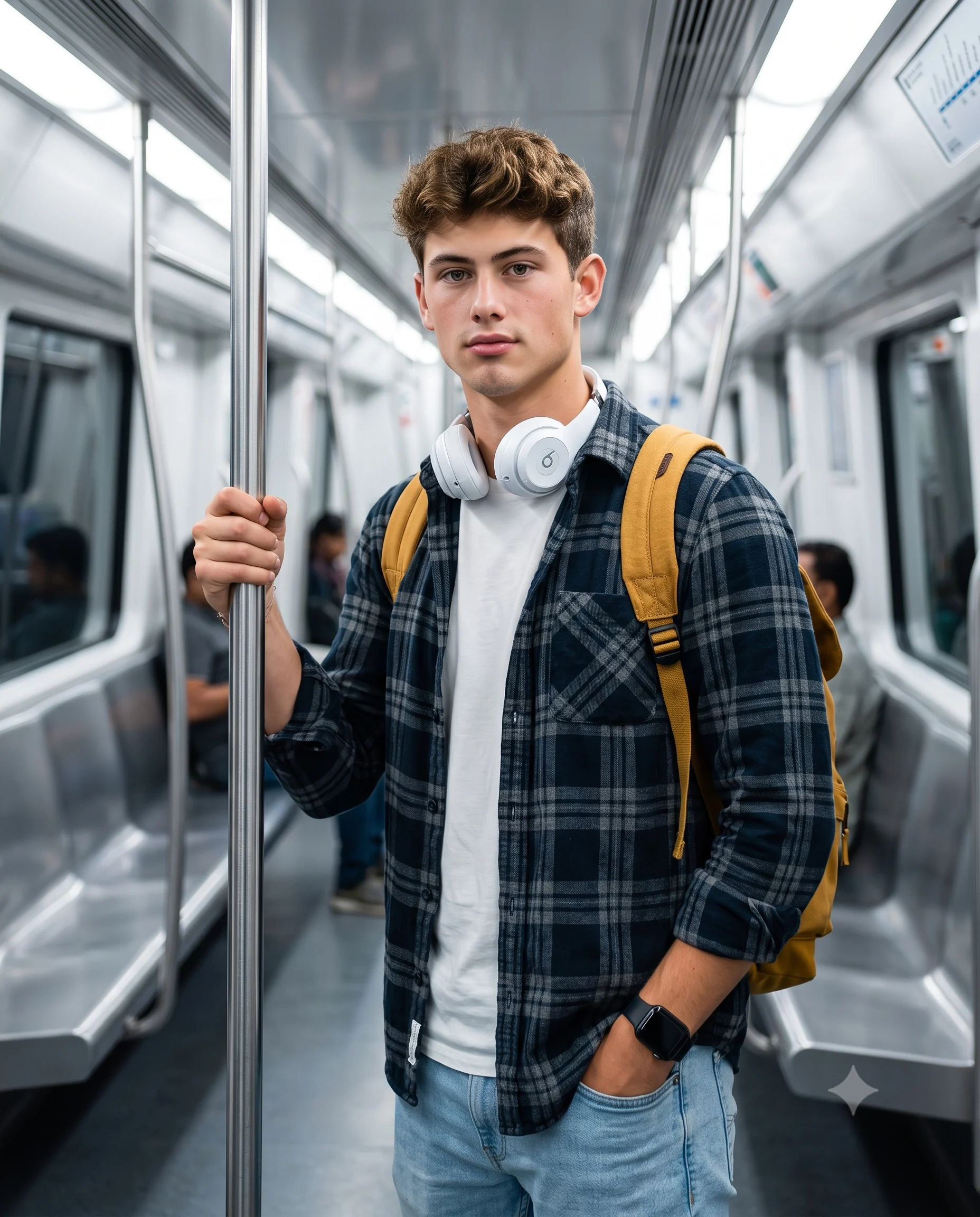 Young Man Commuting on a Modern Subway Train Portrait