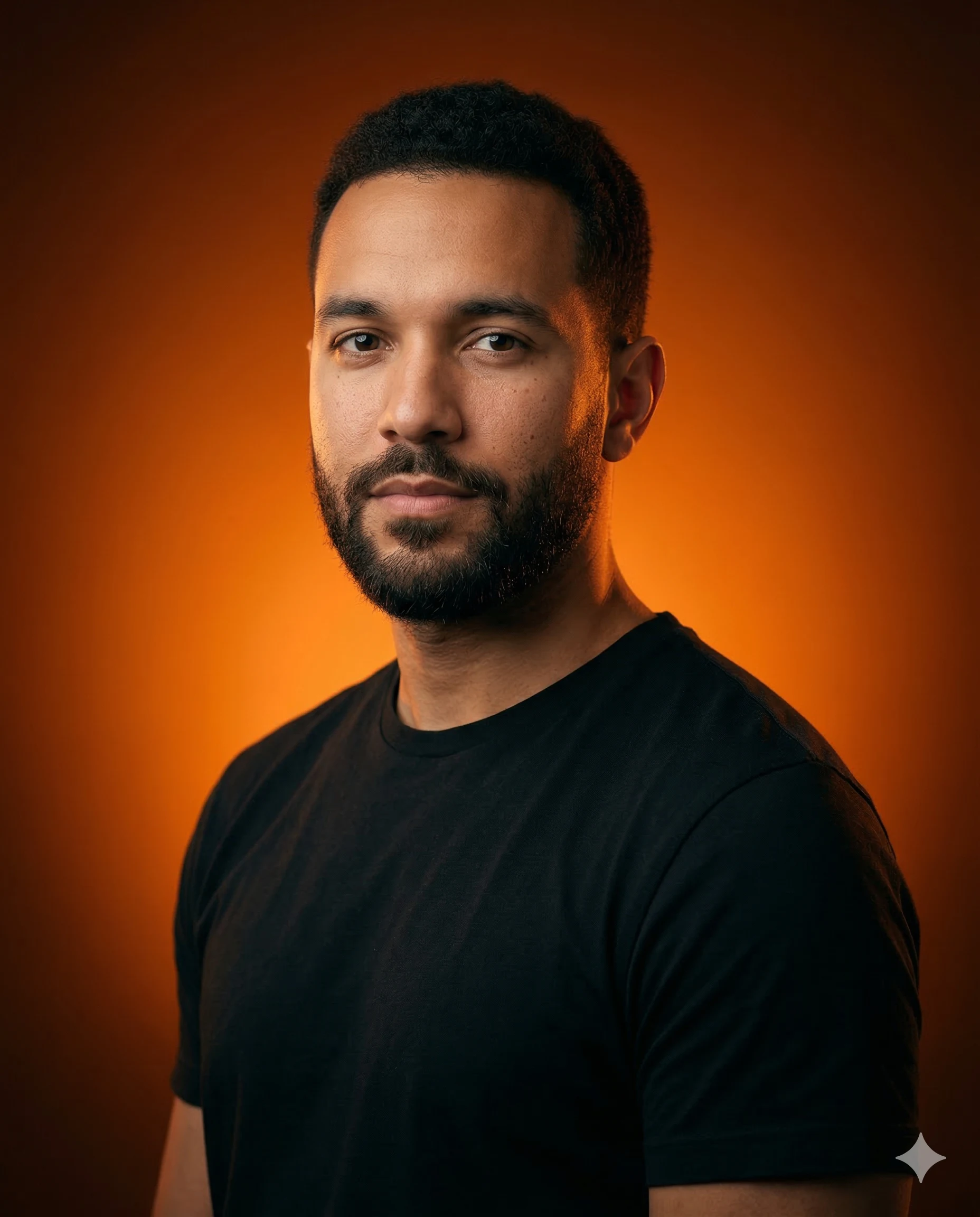 Amber Radiance Black Tshirt Orange Background Portrait