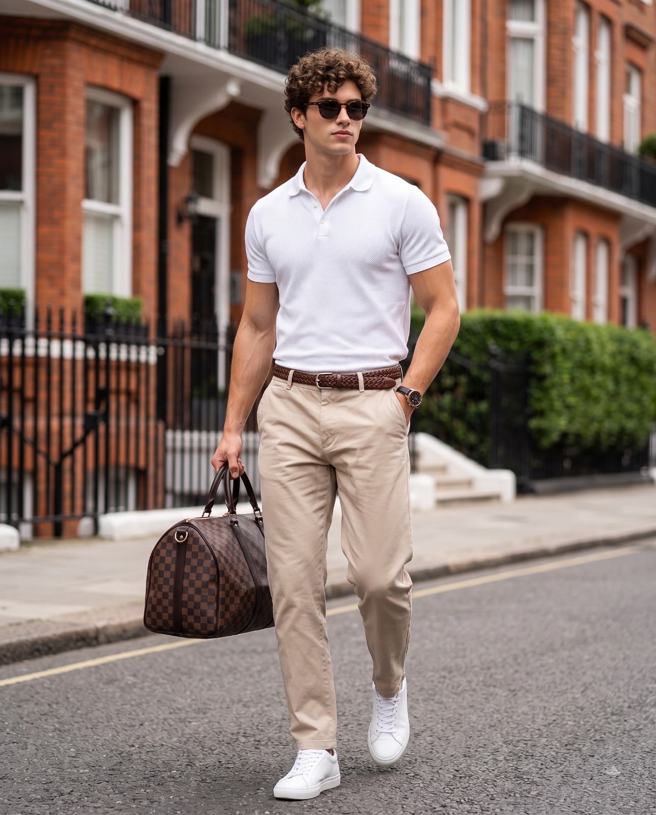 Off-duty Model Look – White Polo, Chinos, Duffel Bag Portrait