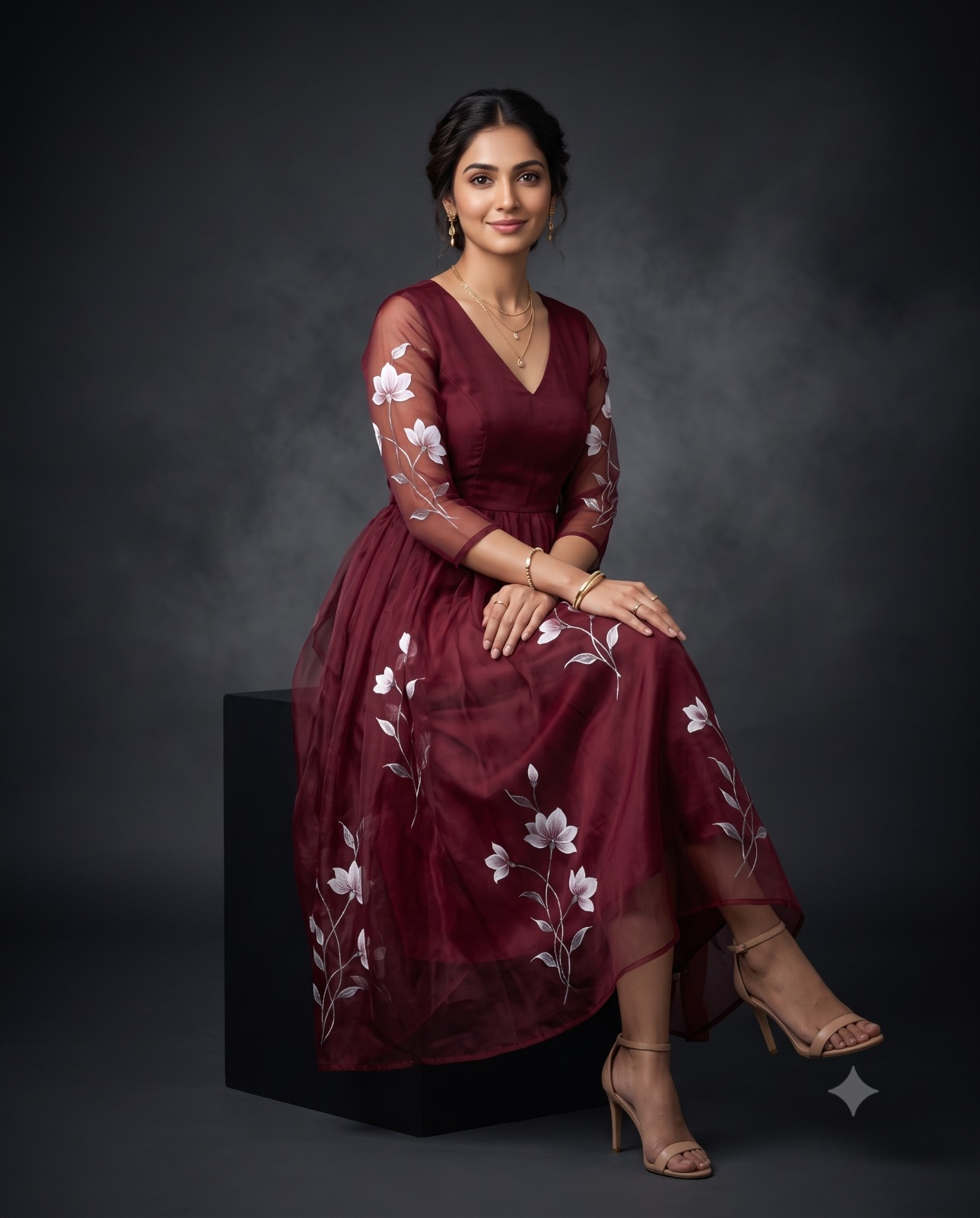 Woman in a Burgundy Floral Dress Portrait