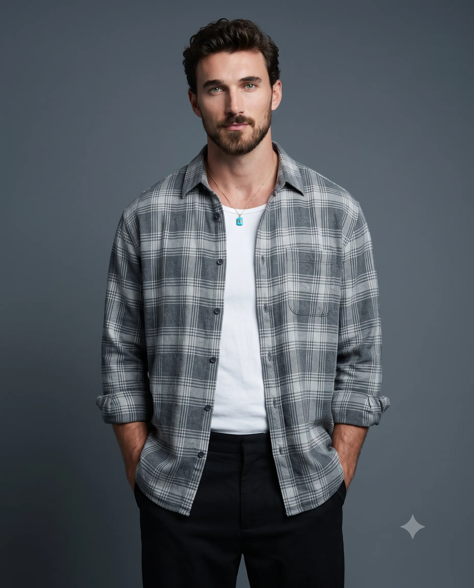 Grey Plaid Flannel Studio Men Fashion Portrait
