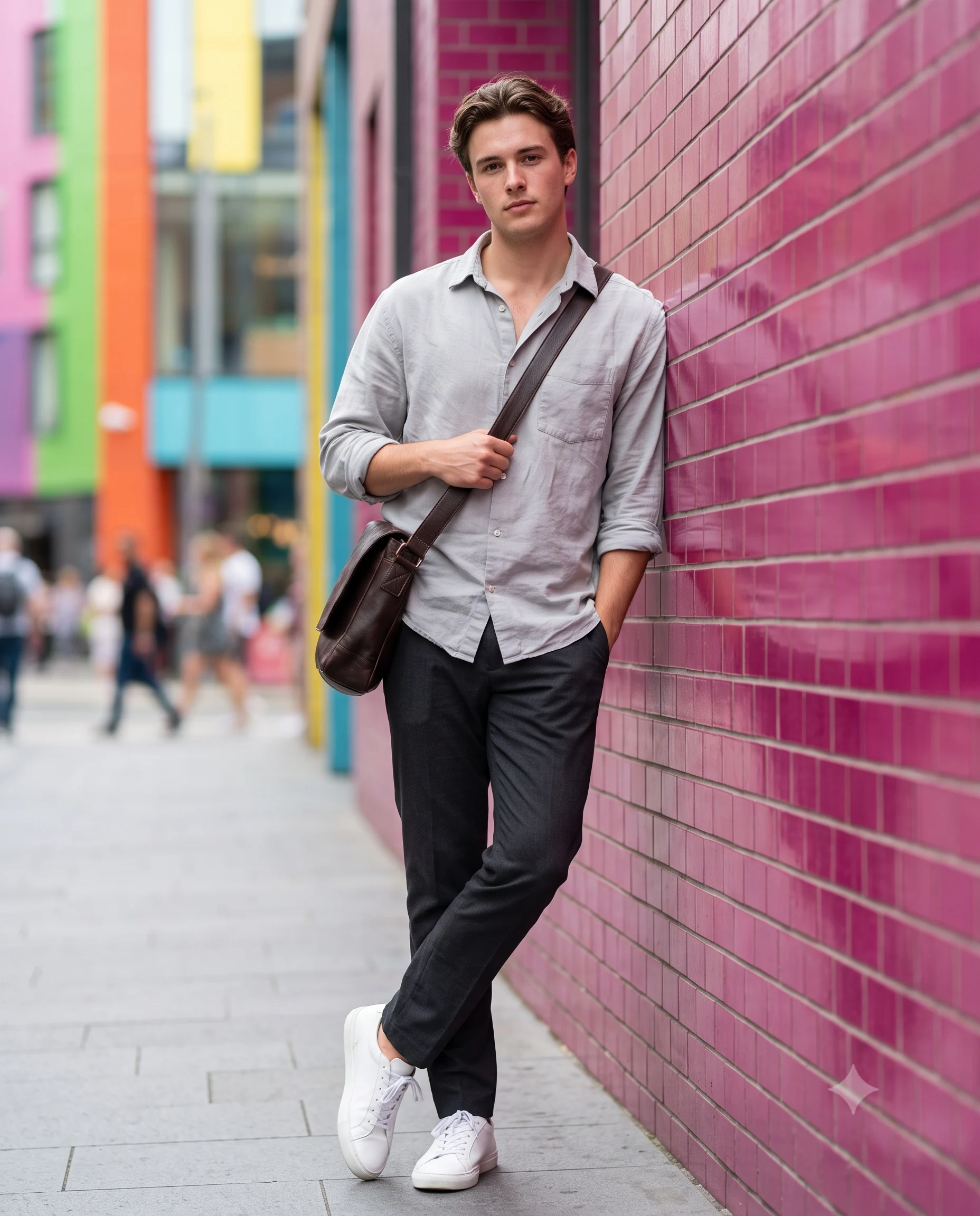 Men Street Style on Vibrant Pink Tiled Wall Portrait