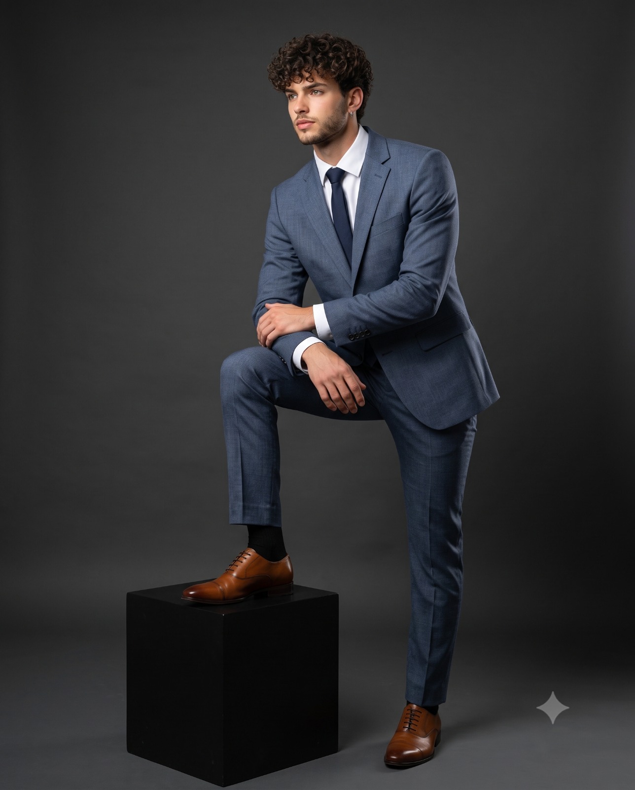 Man in Tailored Suit Posed on Black Cube Portrait