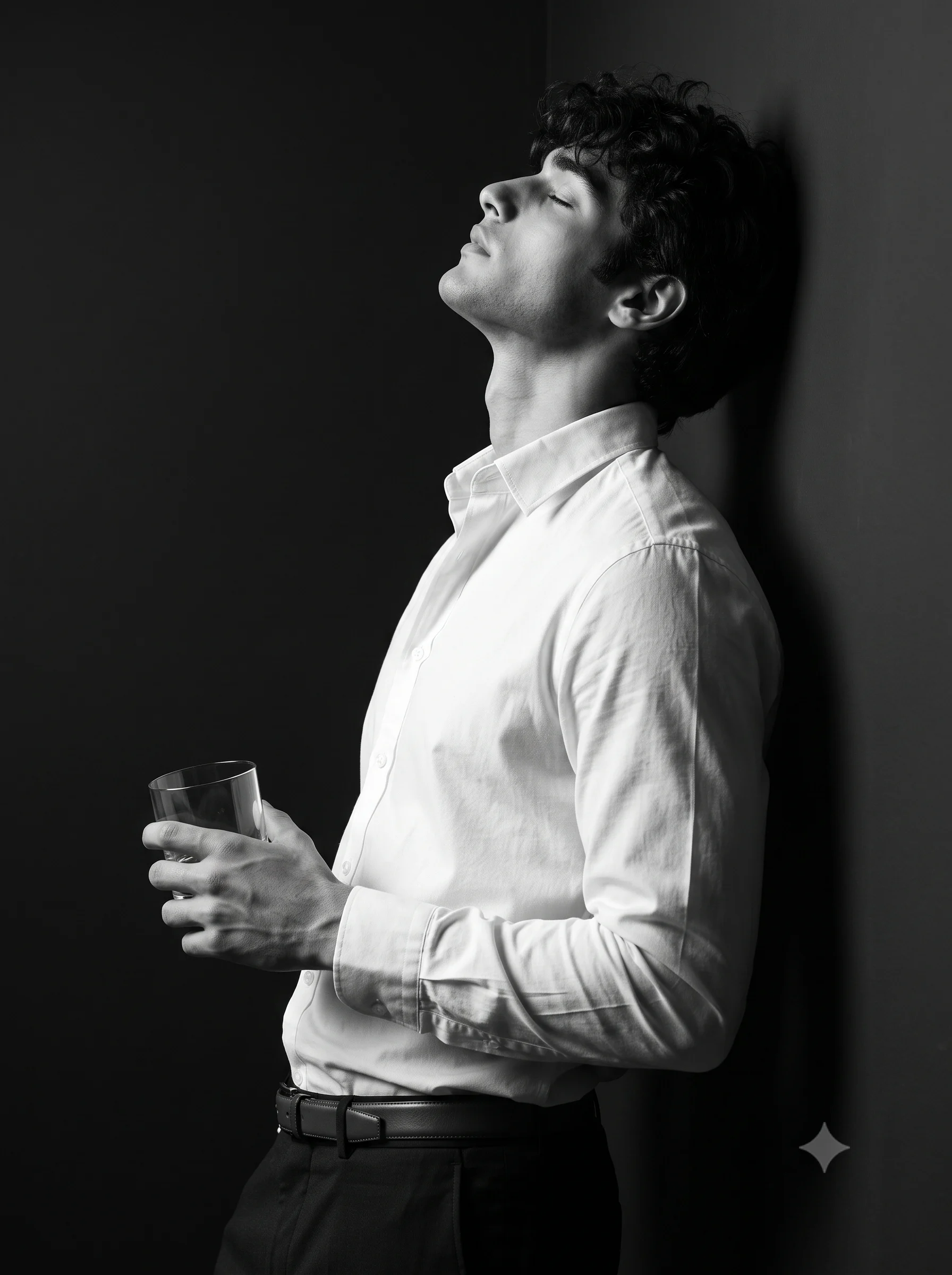 Black and White Profile of Man Holding Glass Portrait