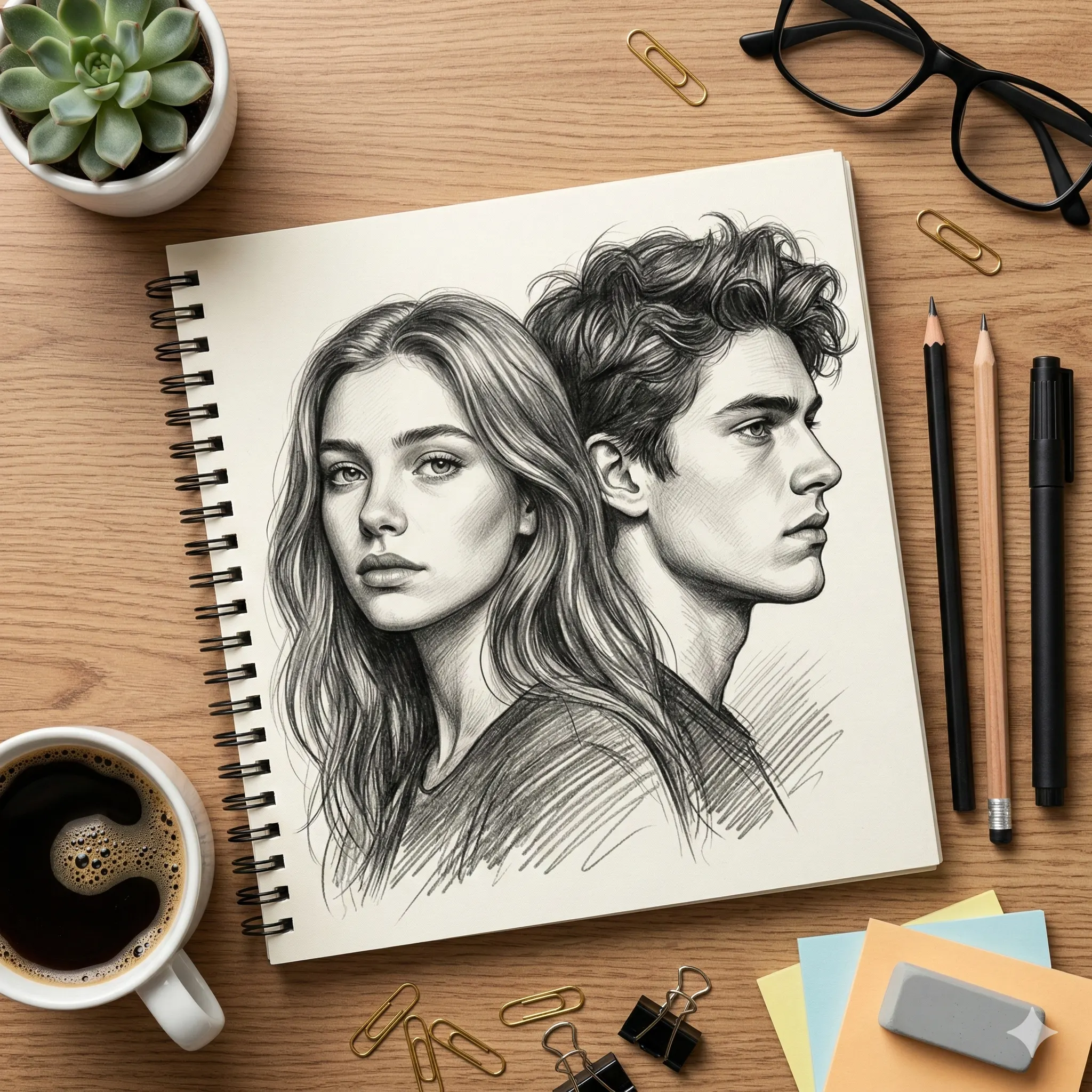 Graphite Pencil Sketch Couple Portrait on Sketchbook