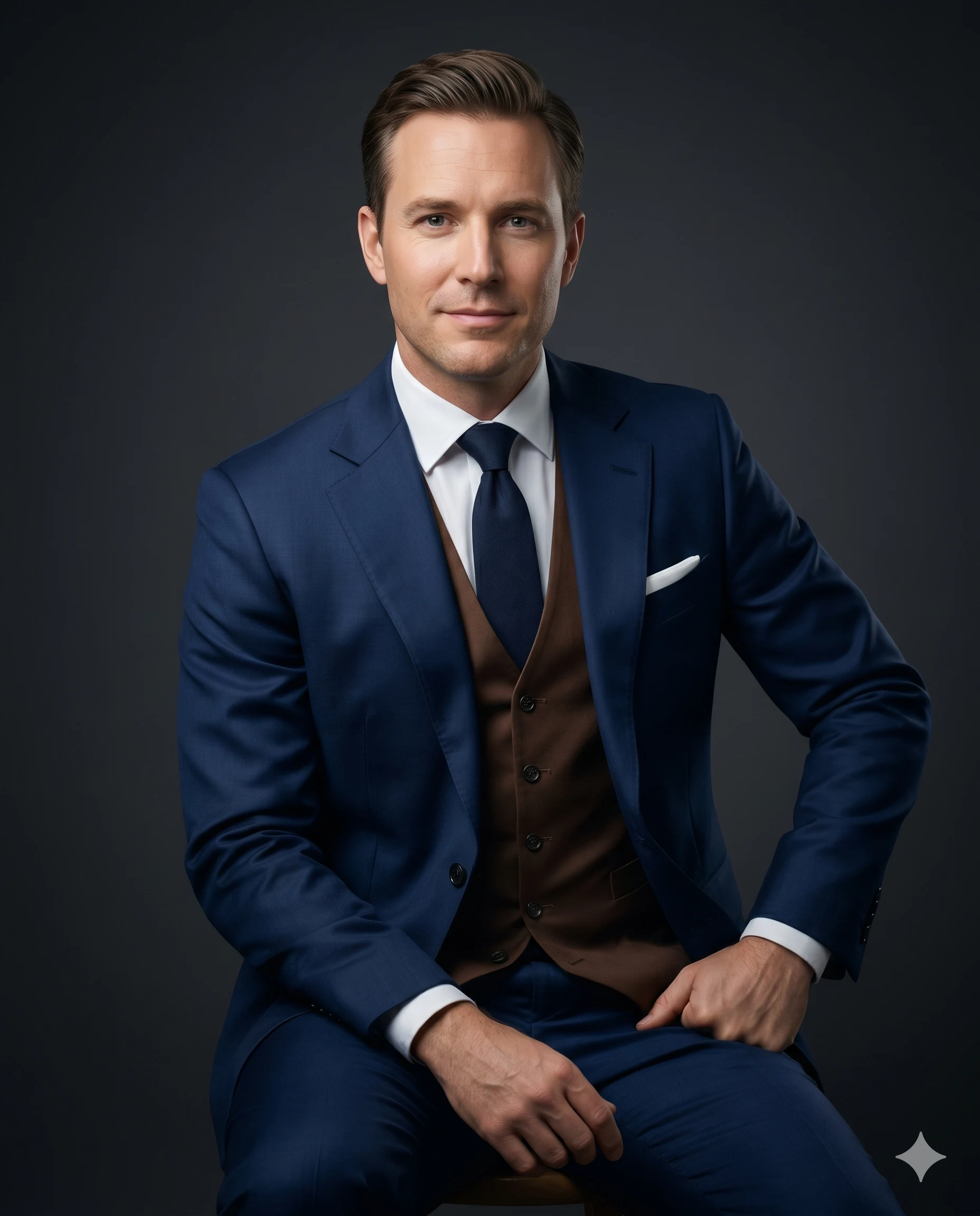 Man in a Tailored Navy Suit and Brown Waistcoat Portrait
