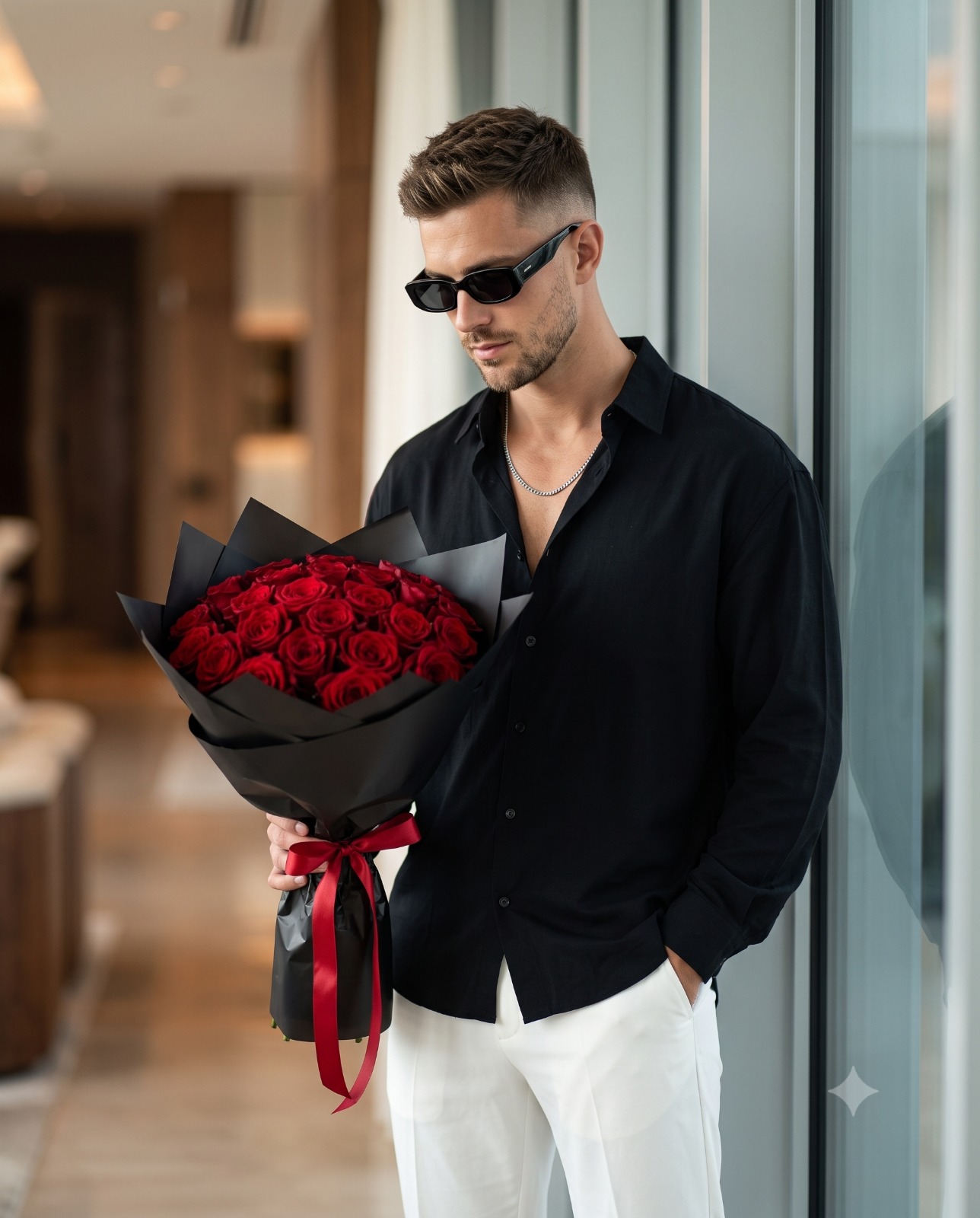 Stylish Man Holding Crimson Roses Portrait