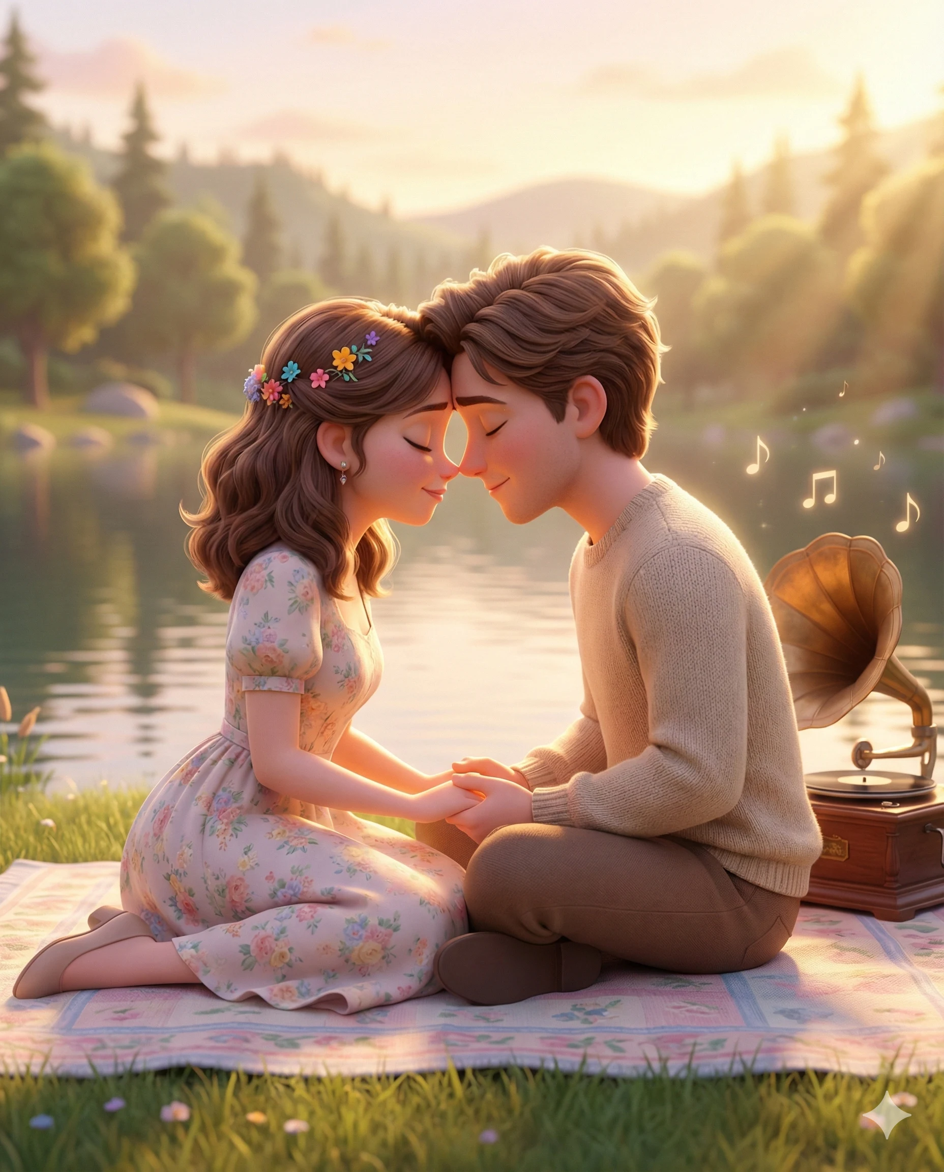 Pixar 3D Couple Lakeside Picnic at Golden Hour