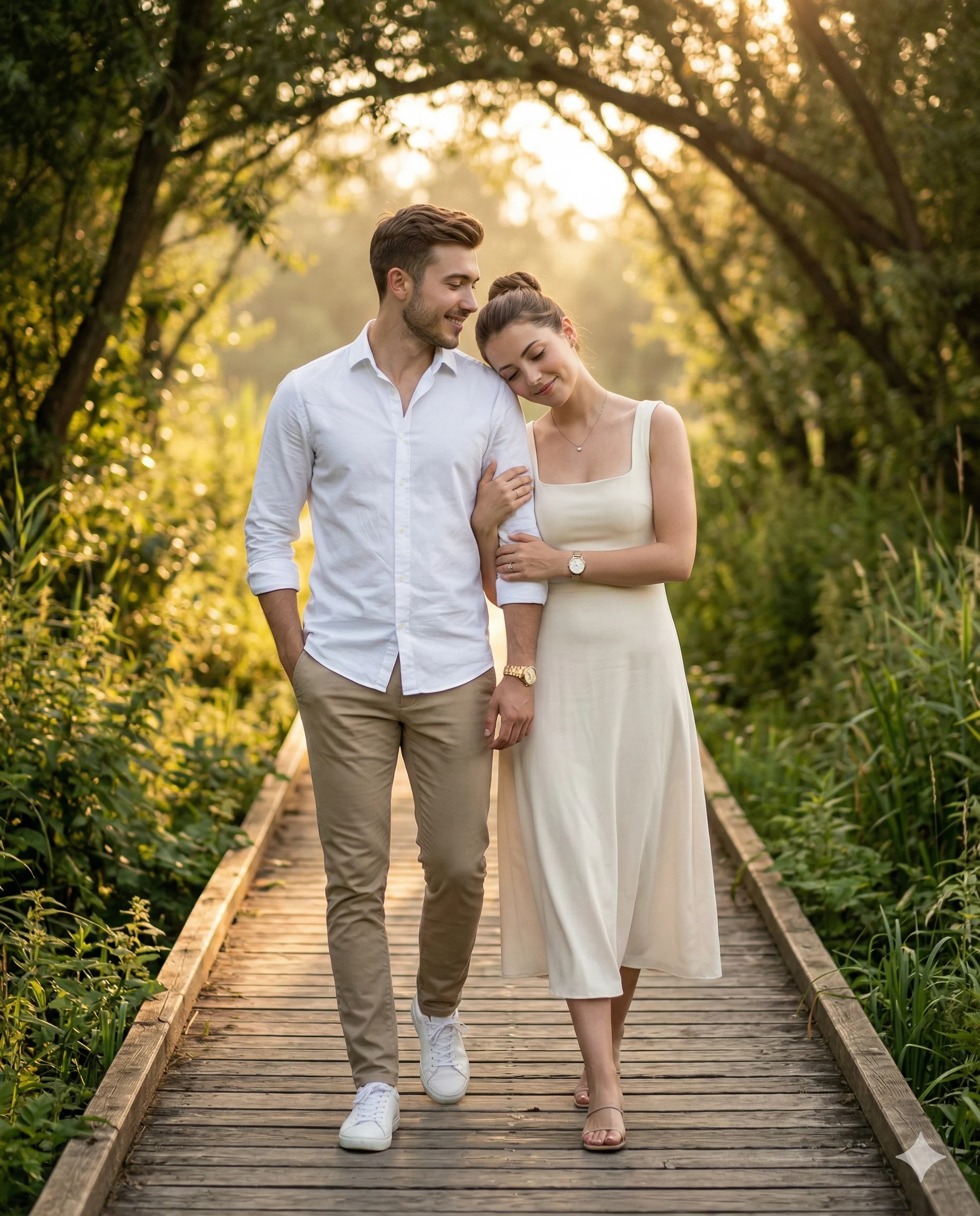 Golden Hour Couple Walking on Wooden Boardwalk