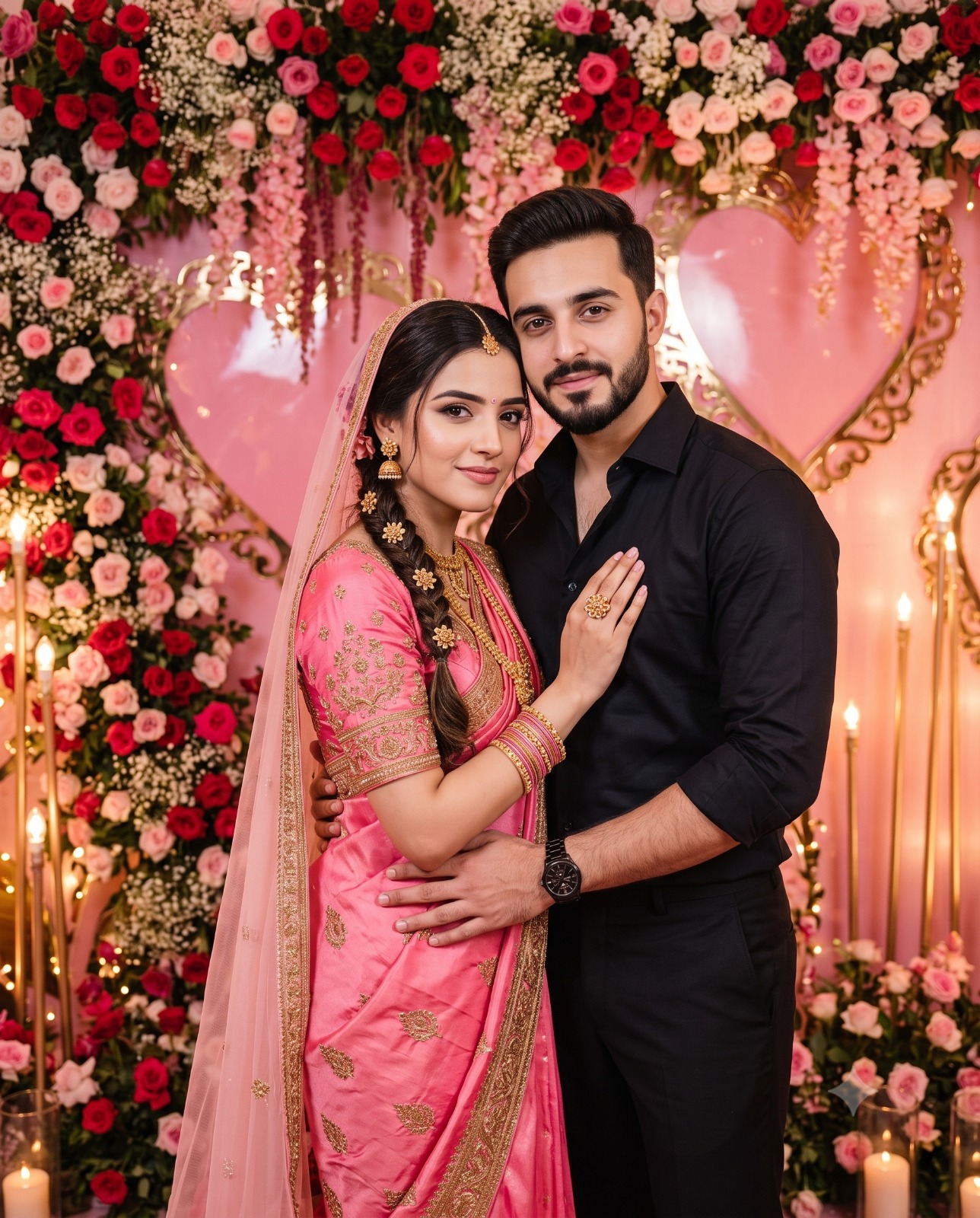 Beautiful Indian Couple Portrait with Heart Floral Backdrop Portrait