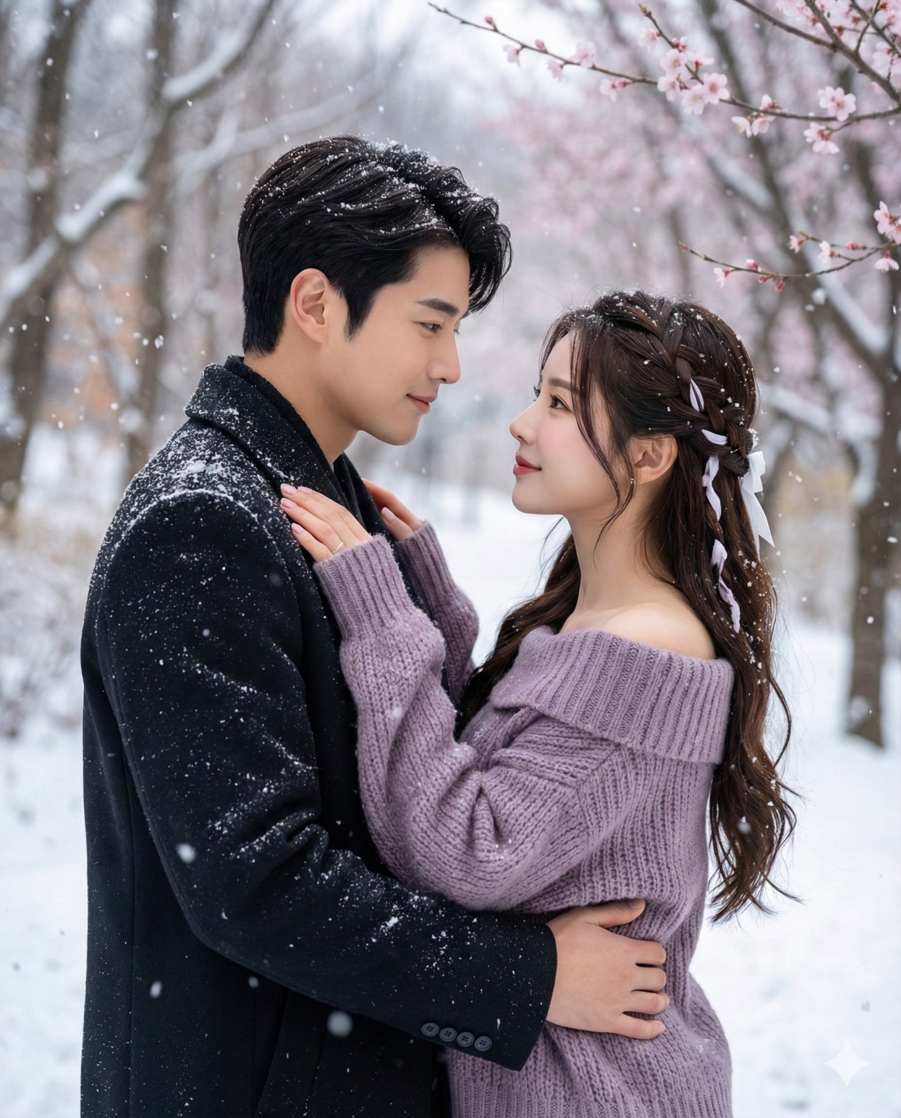 Photorealistic Winter Snowfall Couple Cinematic Portrait