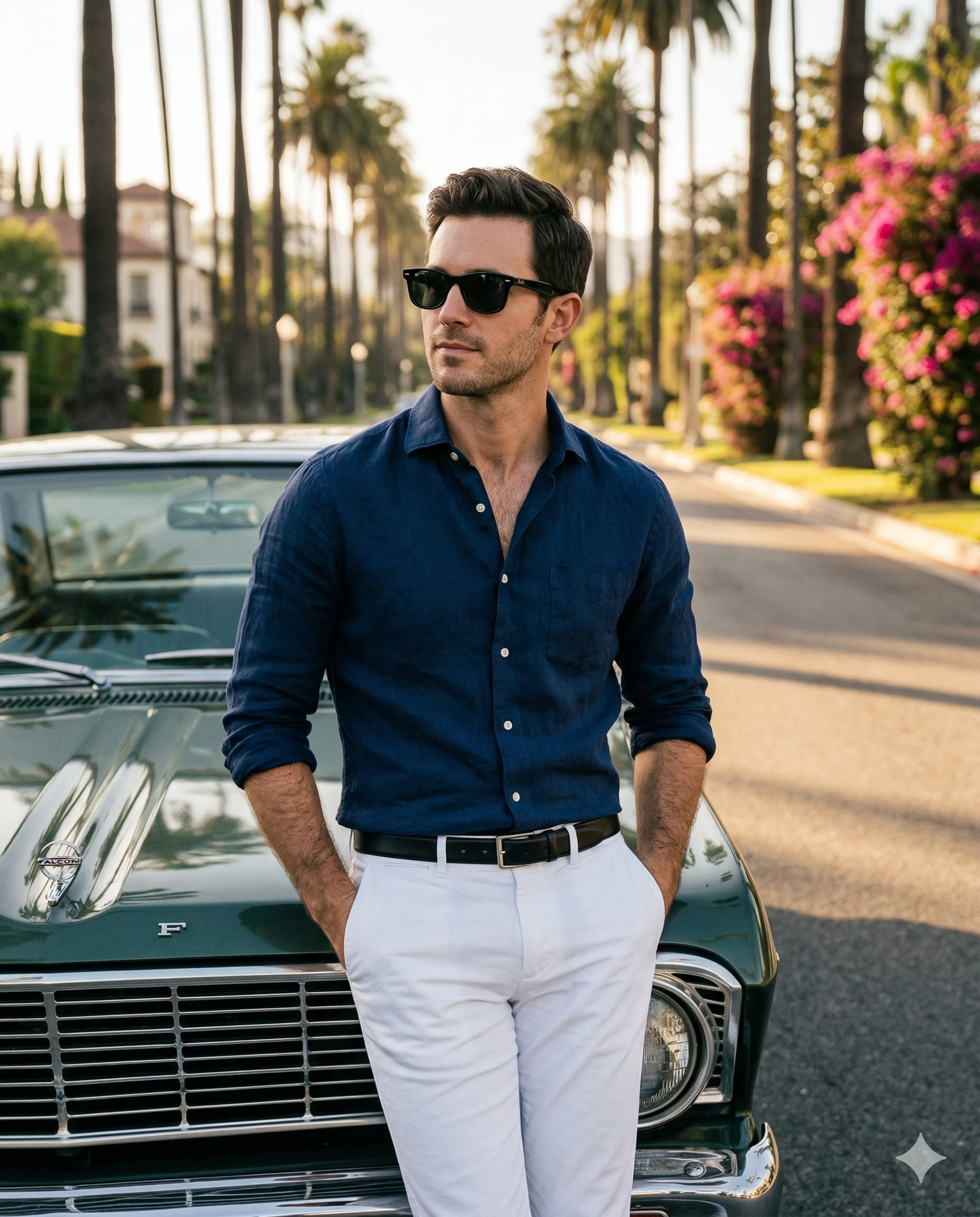 Stylish Man Leaning on Classic Vintage Car Portrait