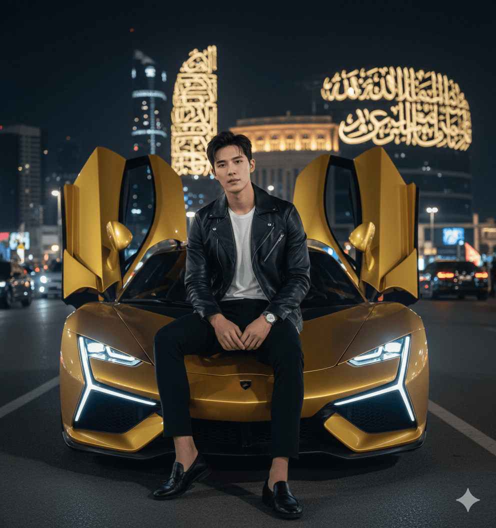 Stylish Man with Golden Supercar Portrait