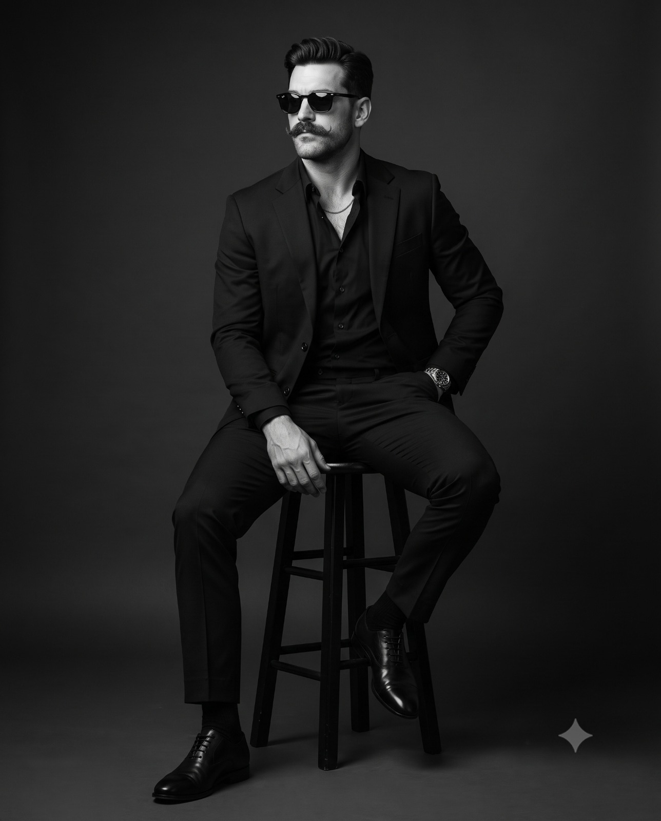 Sharp Dressed Man Sitting on a Wooden Barstool Portrait
