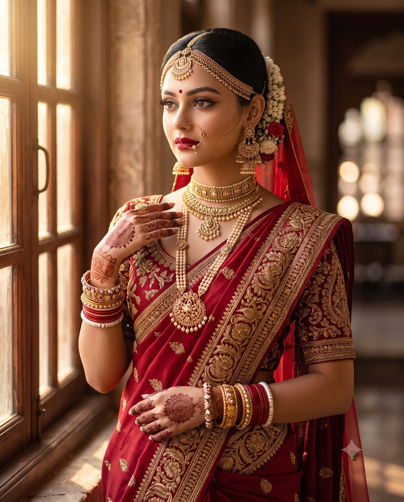 Radiant Indian Bride Crimson Saree Sunlit Window Portrait