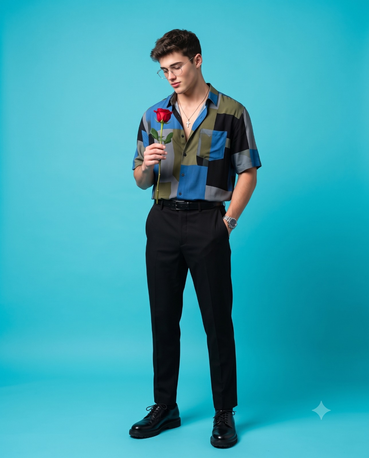 Man in Colorblock Shirt Holding Rose Portrait