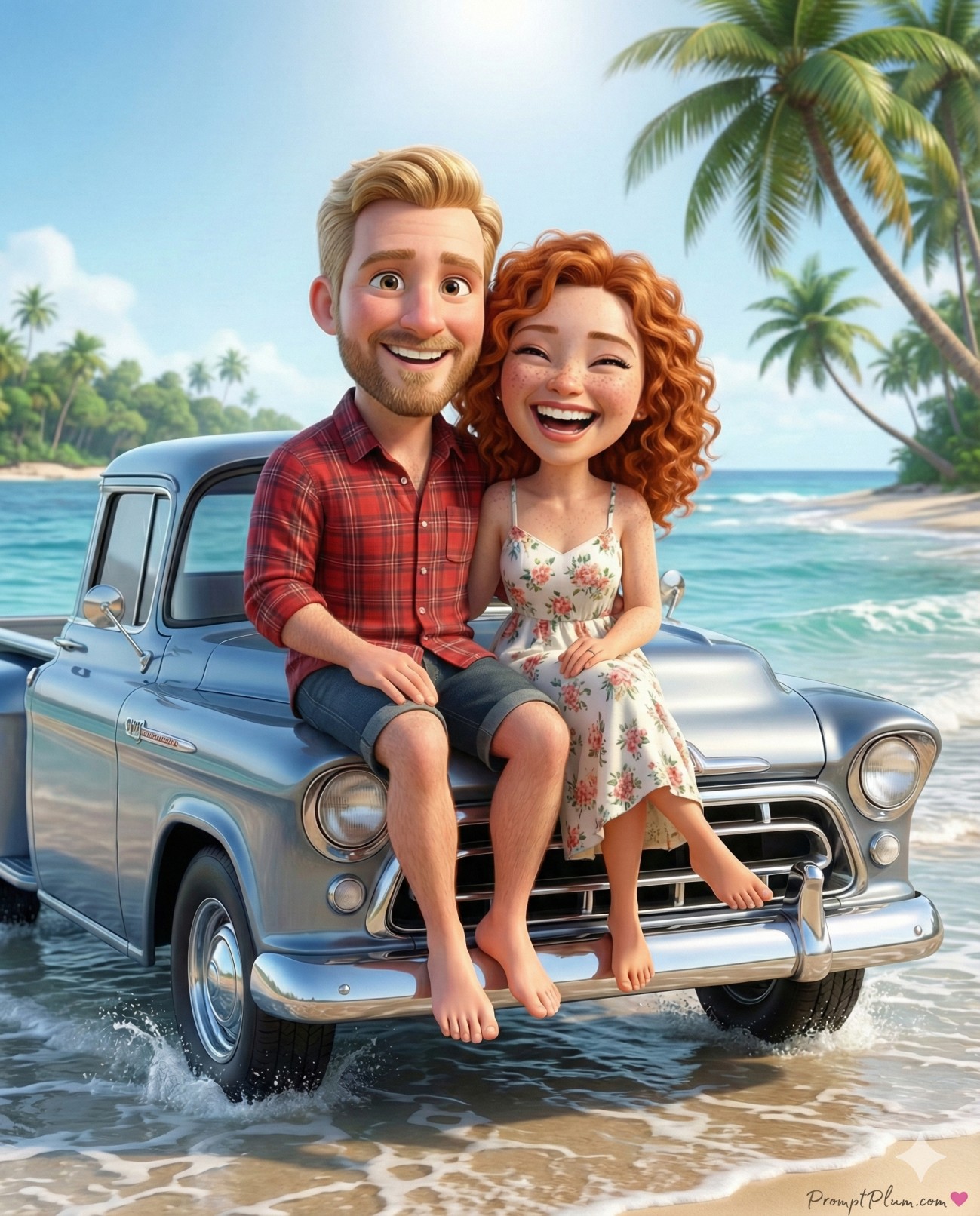 3D Caricature Couple on Tropical Beach Vacation
