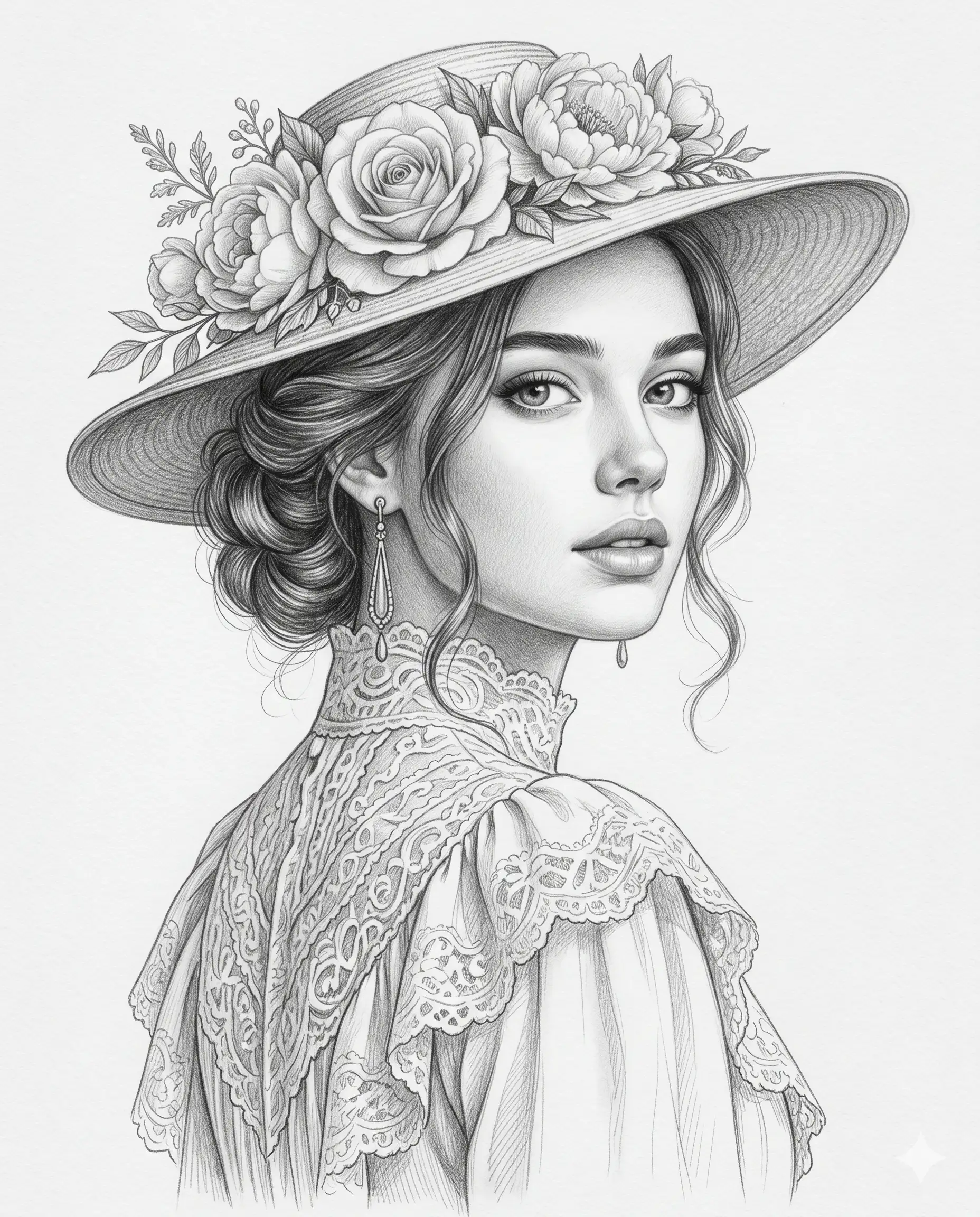 Vintage Pencil Sketch Woman with Rose and Elegant Hat