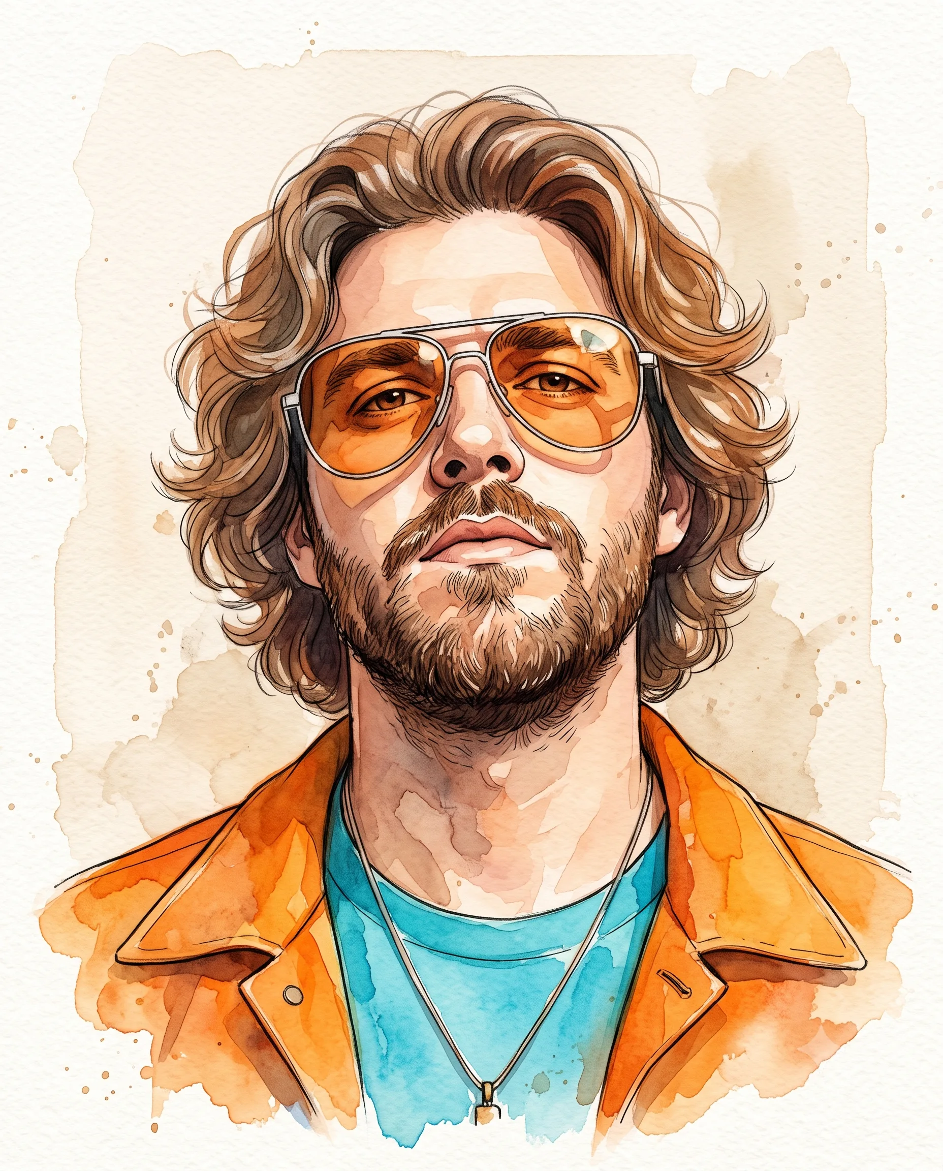 Watercolor Portrait of Man with Orange Aviators Portrait