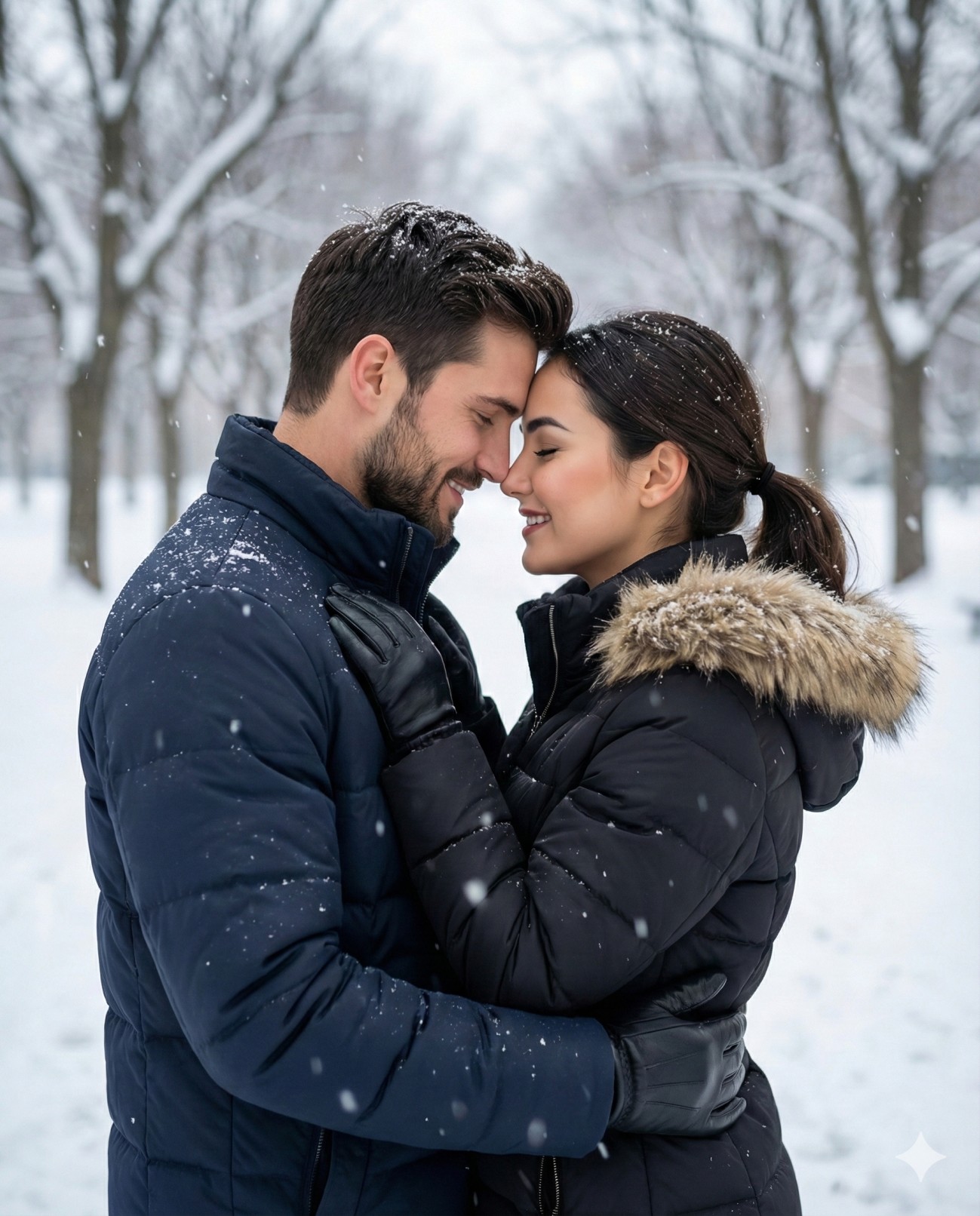 Snowy Park Romantic Winter Couple Embrace