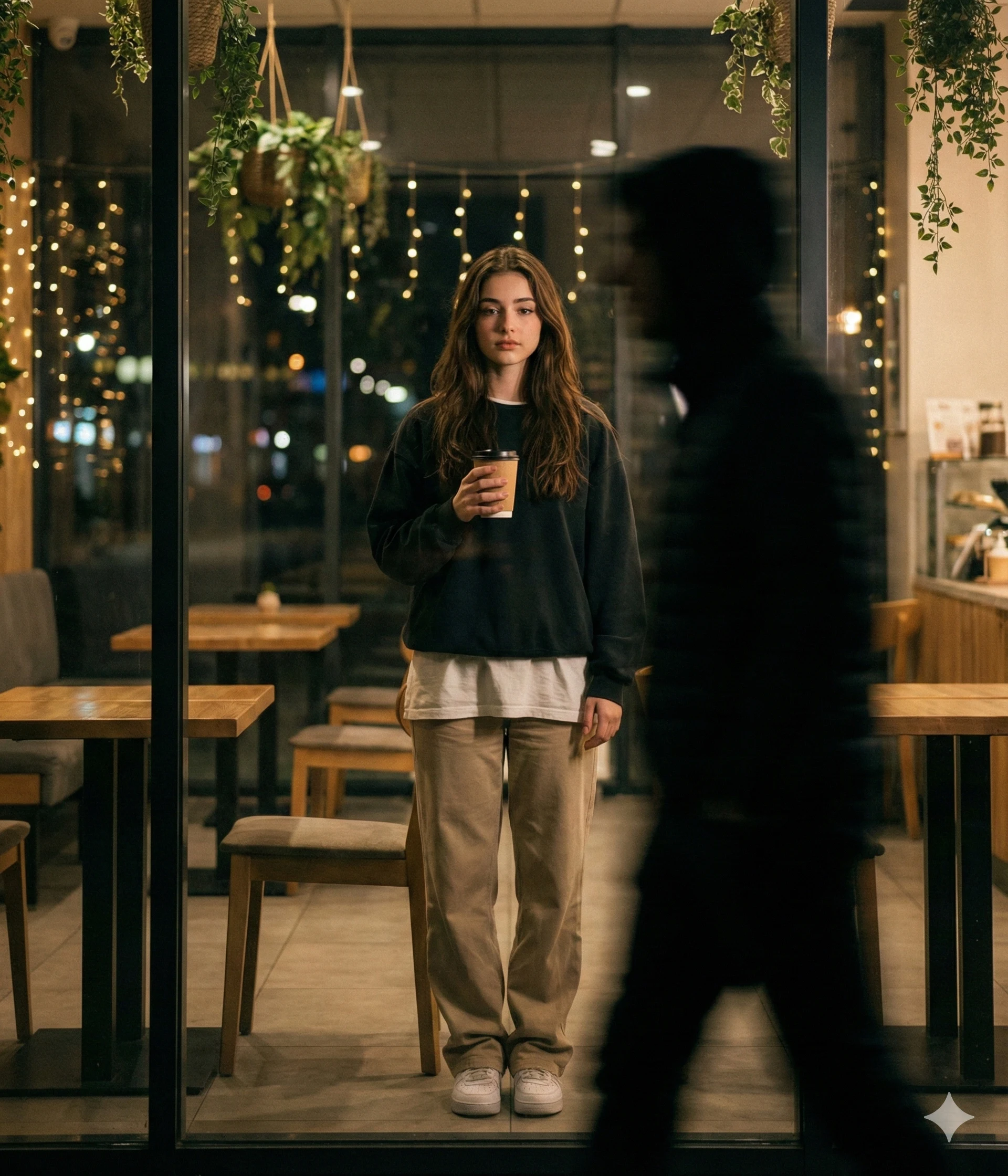 Paused: Moody Night Café Woman with Coffee Portrait