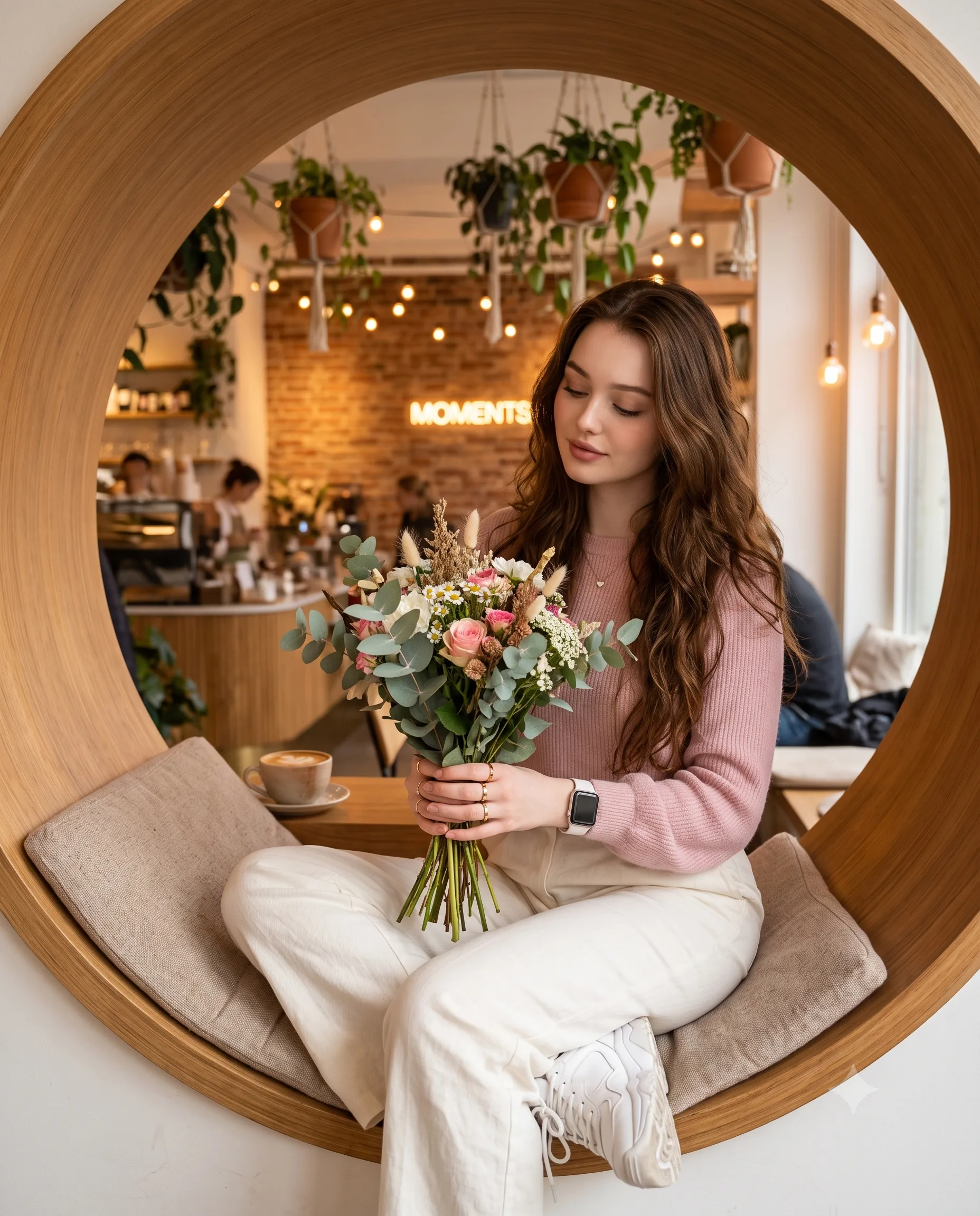 Woman with Flowers Through Circular Café Window