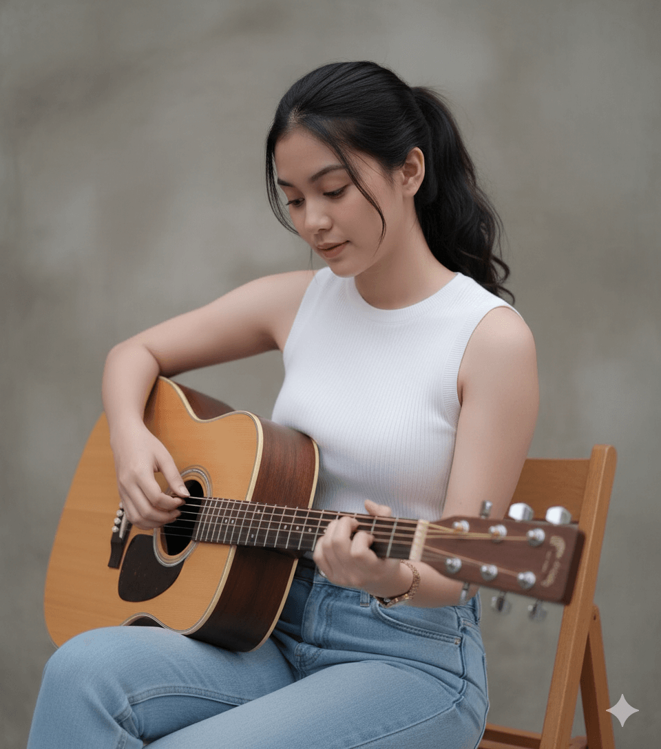 Warm Sunlit Acoustic Guitar Woman Portrait