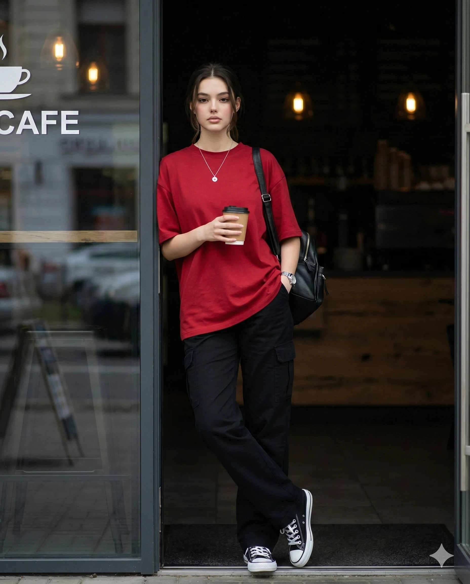 Woman in Red at Café Entrance Coffee Lifestyle Portrait